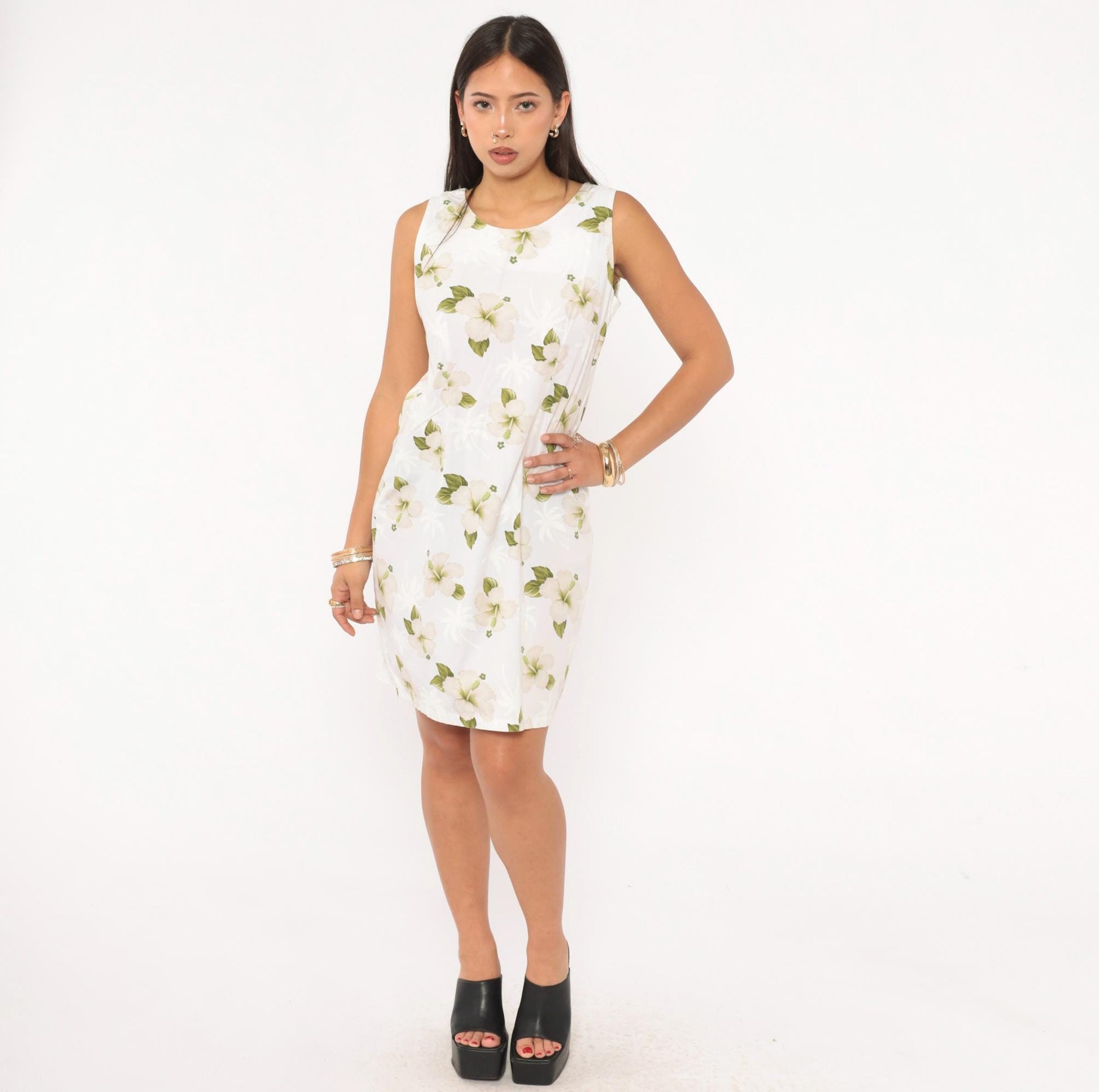 90s Pacific Legend Hawaiian Hibiscus Sundress White Cotton Knee-Length Small