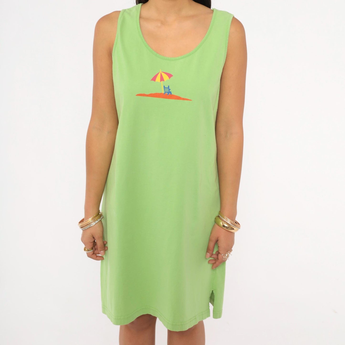 90s Jennifer Moore Beach Umbrella Tank Dress Sage Green Cotton Large L