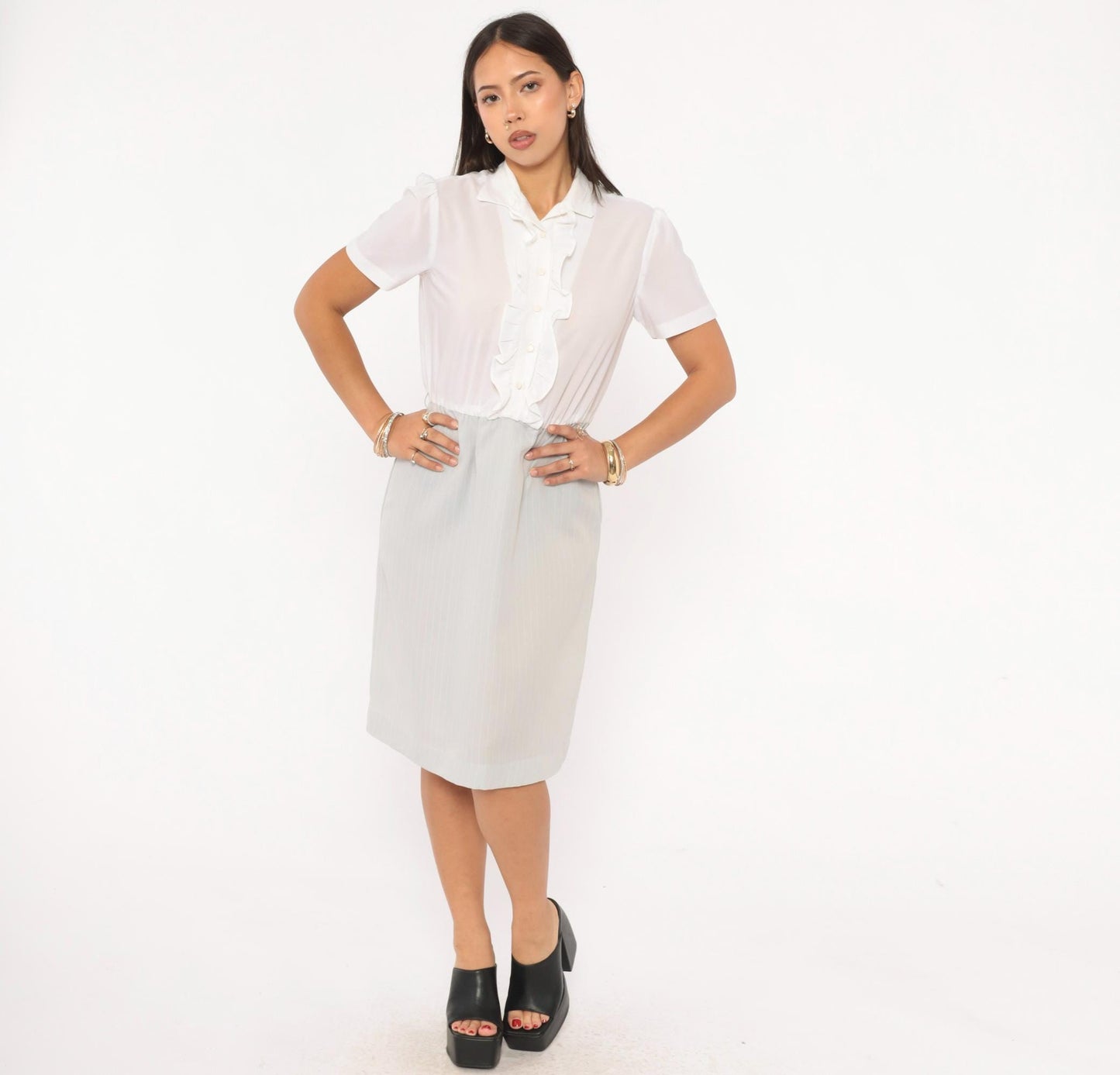 80s Two-Tone Shirtdress White Ruffle Pinstripe Grey Puff Sleeve Small Medium