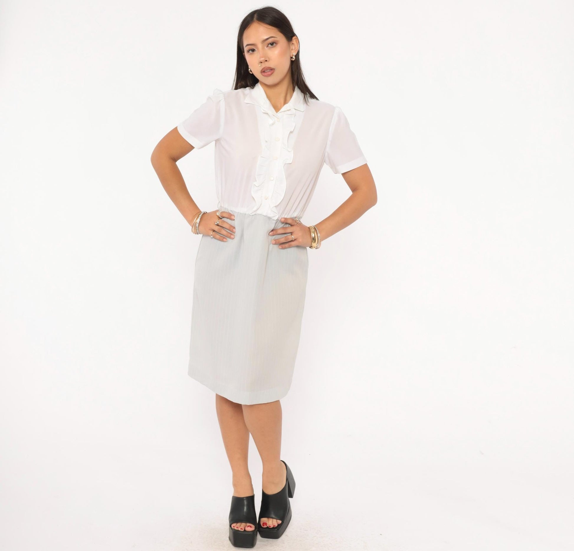 80s Two-Tone Shirtdress White Ruffle Pinstripe Grey Puff Sleeve Small Medium