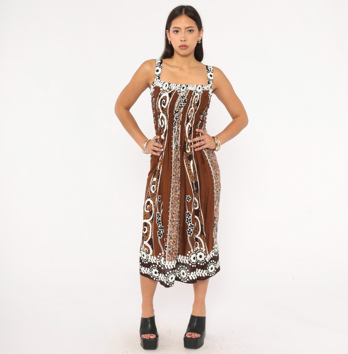 2000s Batik Sundress Brown White Floral Square Neck Cutout Small Medium