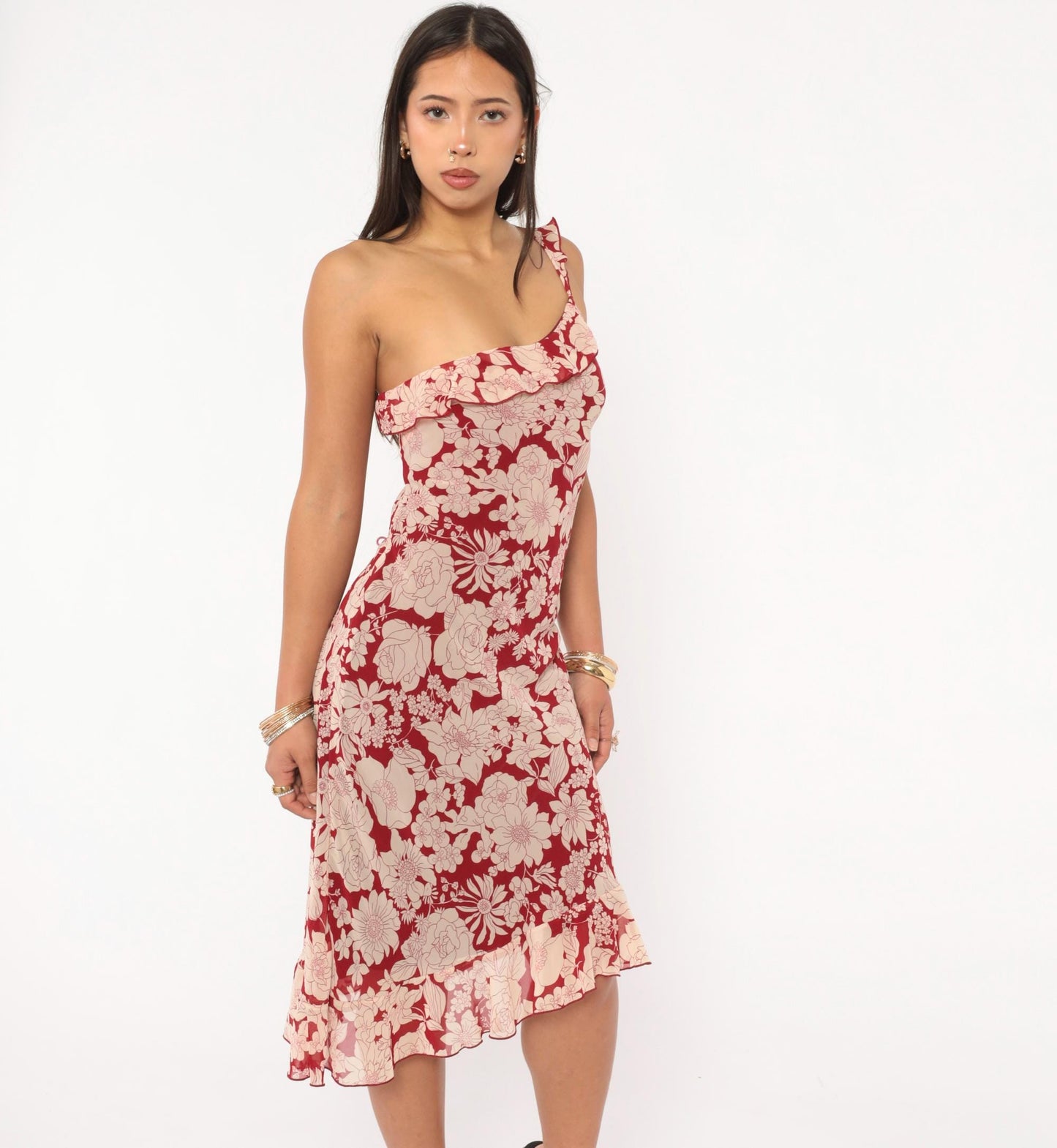 Y2K Debut USA Floral One-Shoulder Dress Red Cream Knee-Length Large L