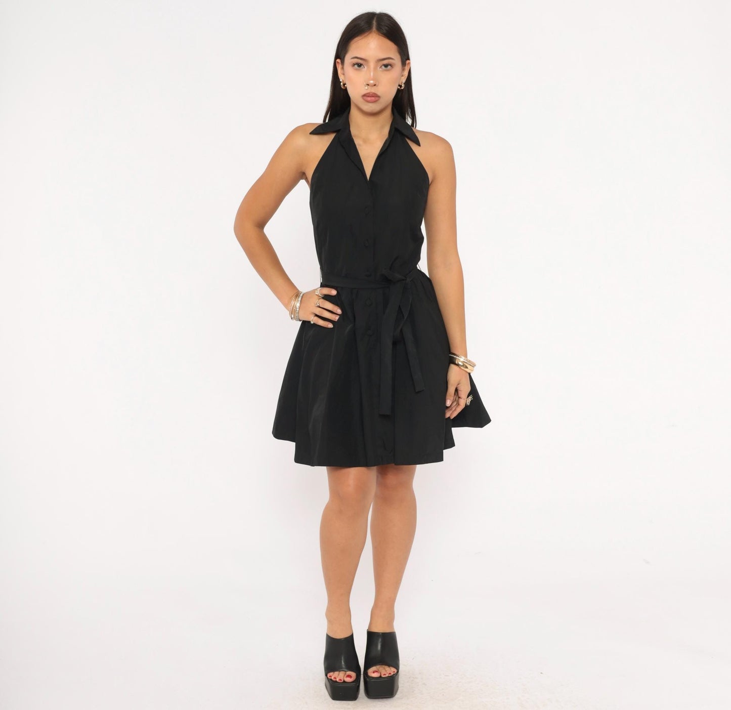 Calvin Klein Halter Mini Dress Black Button Front Open Back Tie Waist Extra Small XS
