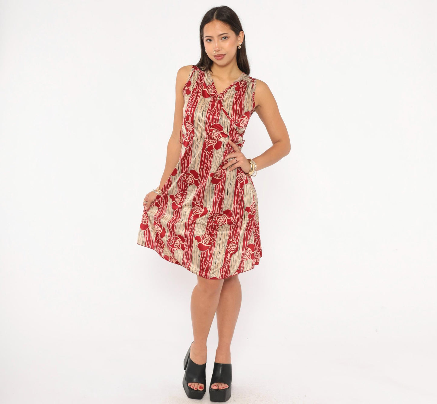 90s YS USA Rose Floral Dress Red Cream V Neck A Line Knee Length Small