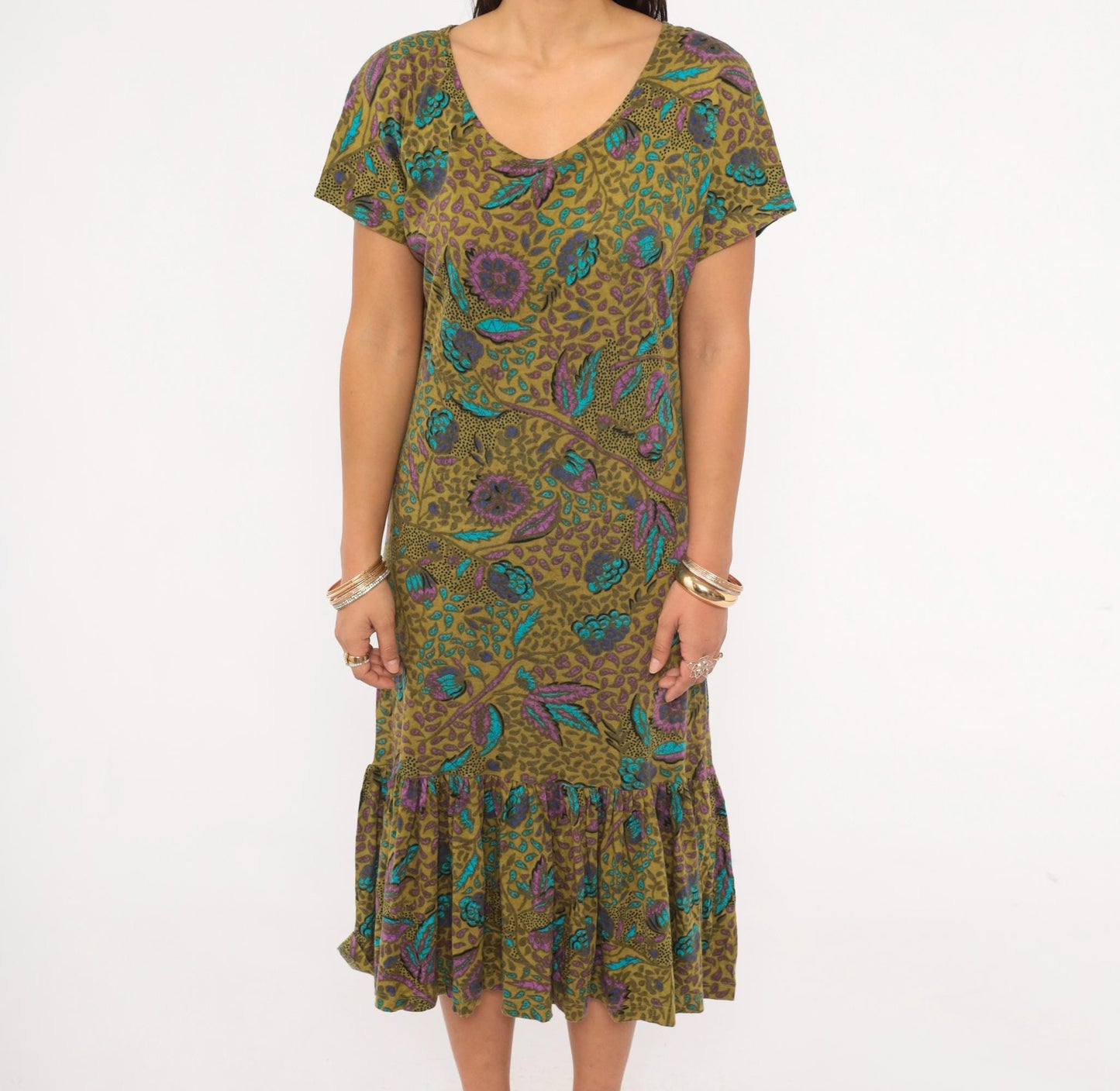 2000s Nina Hazan Olive Floral Midi Dress V-Neck Ruffle Hem Small