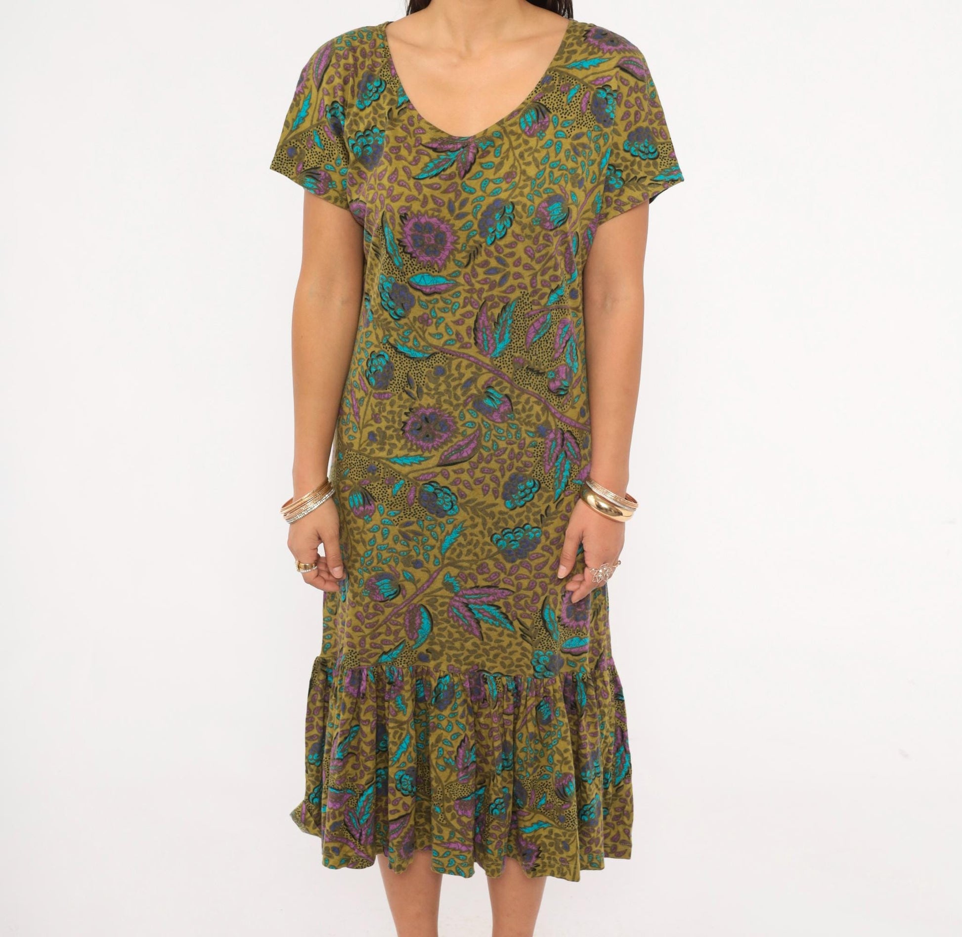 2000s Nina Hazan Olive Floral Midi Dress V-Neck Ruffle Hem Small