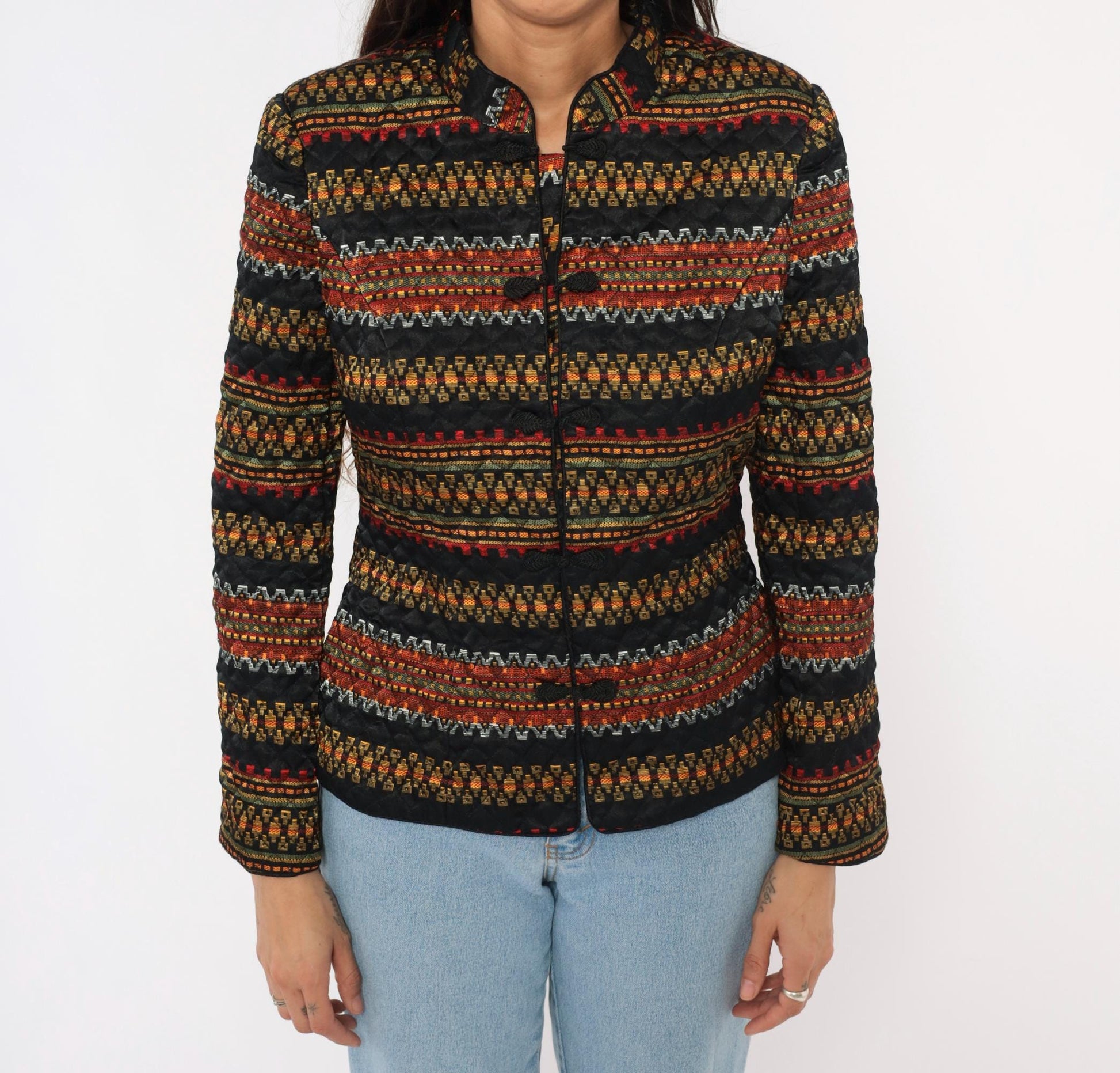 90s Juno Esque Quilted Jacket Mandarin Collar Tribal Stripe Black Gold Red Small