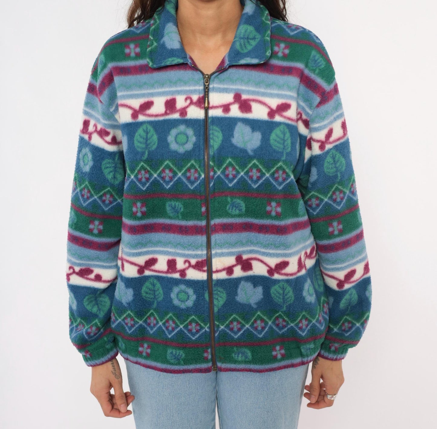 90s Teddi Floral Fleece Jacket Teal Burgundy Leaf Print Zip-Up Medium