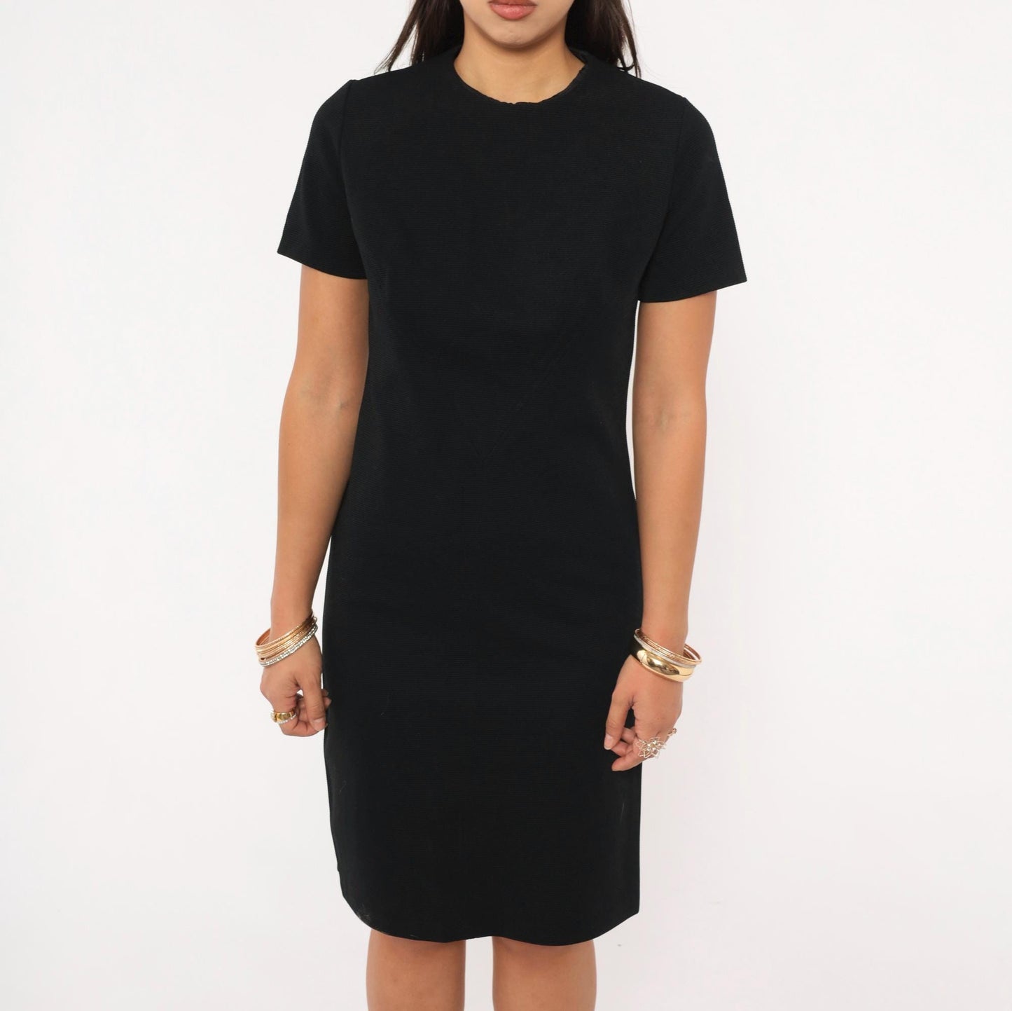 70s Black Shift Dress Crew Neck Short Sleeve Knee Length Small