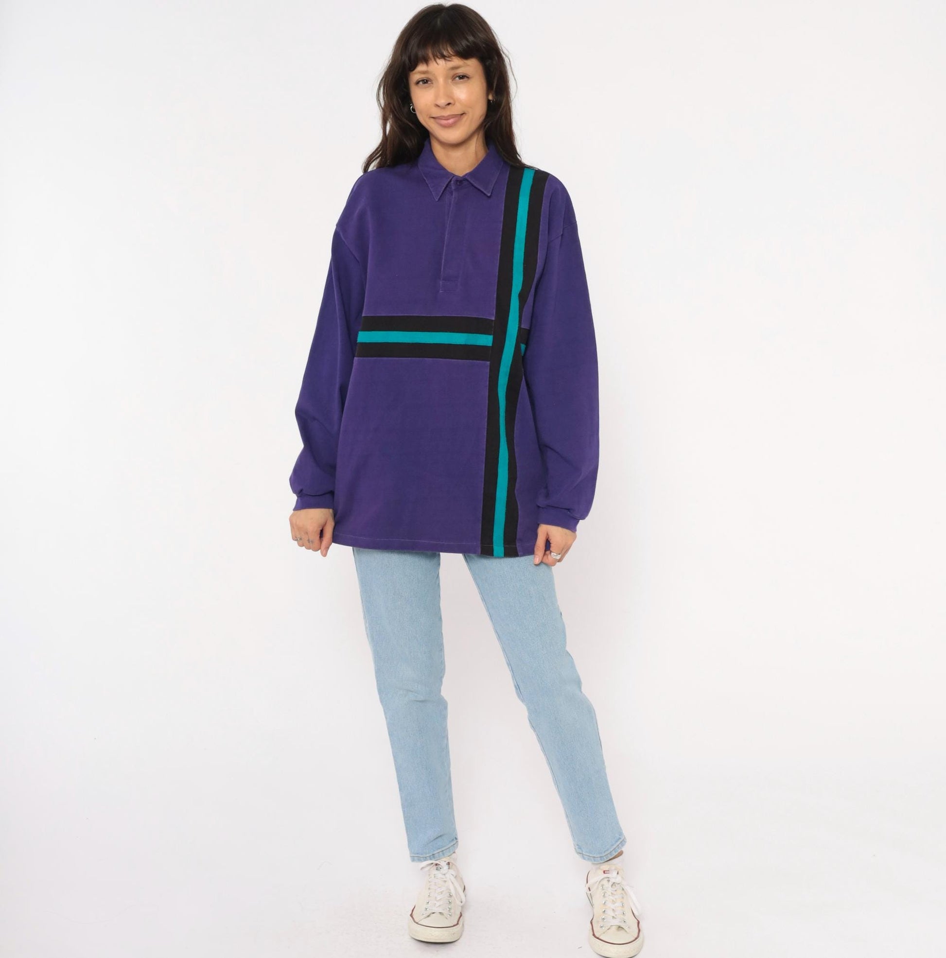 90s Billion Bay Rugby Polo Purple Teal Black Stripe Colorblock Medium