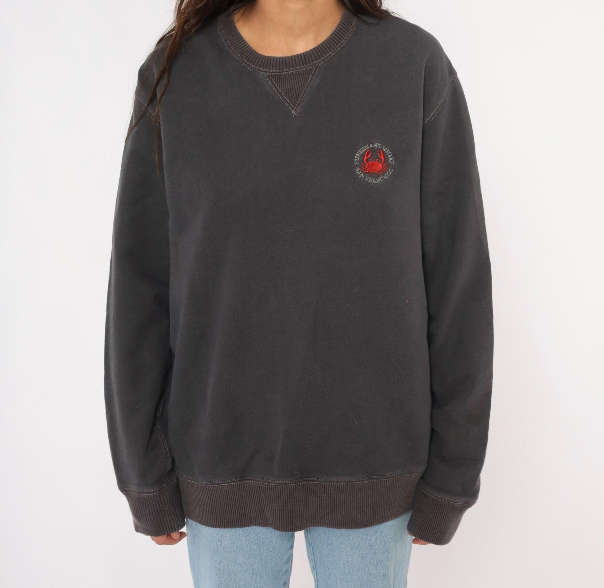 90s Crazy Shirts Fisherman's Wharf San Francisco Crab Embroidered Sweatshirt Charcoal Grey Medium M