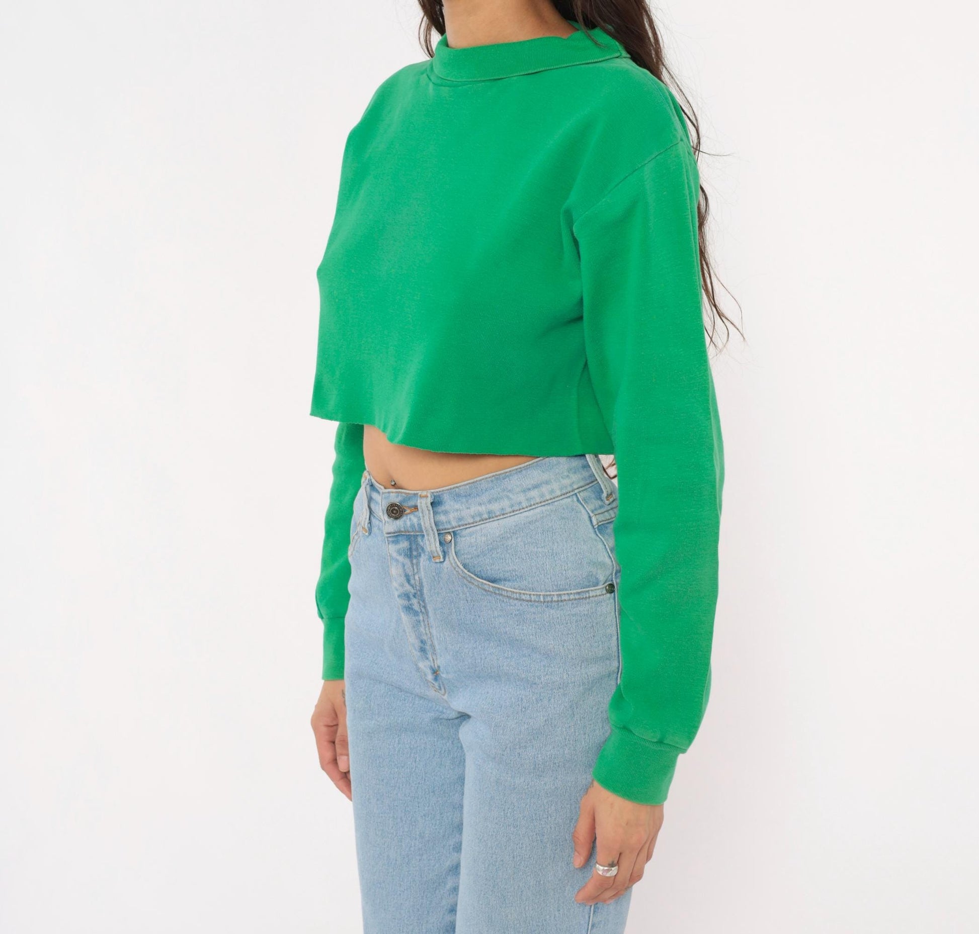 70s Flight Deck Crew Cropped Sweatshirt Kelly Green Cotton Pullover Medium
