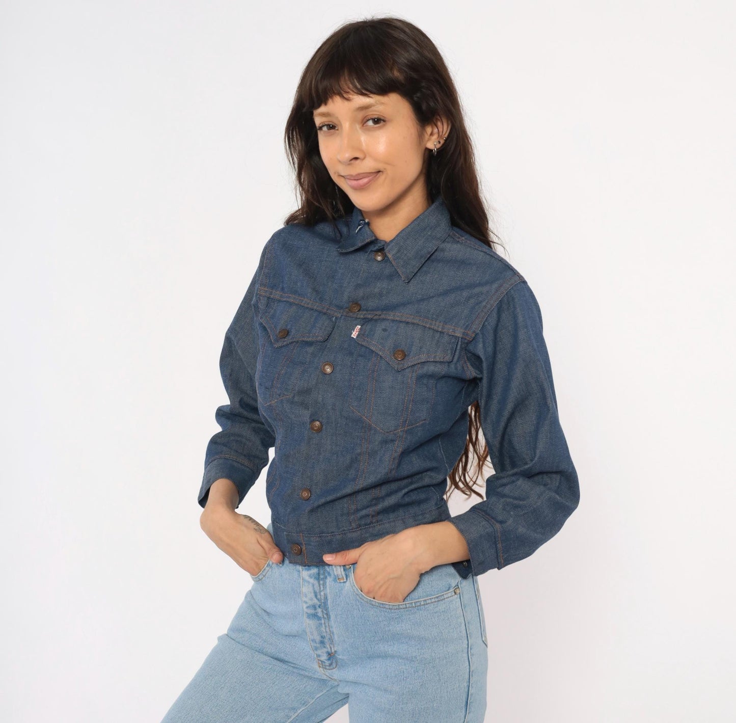 80s Levi's Denim Trucker Jacket Dark Indigo Snap Button Cropped Extra Small XS
