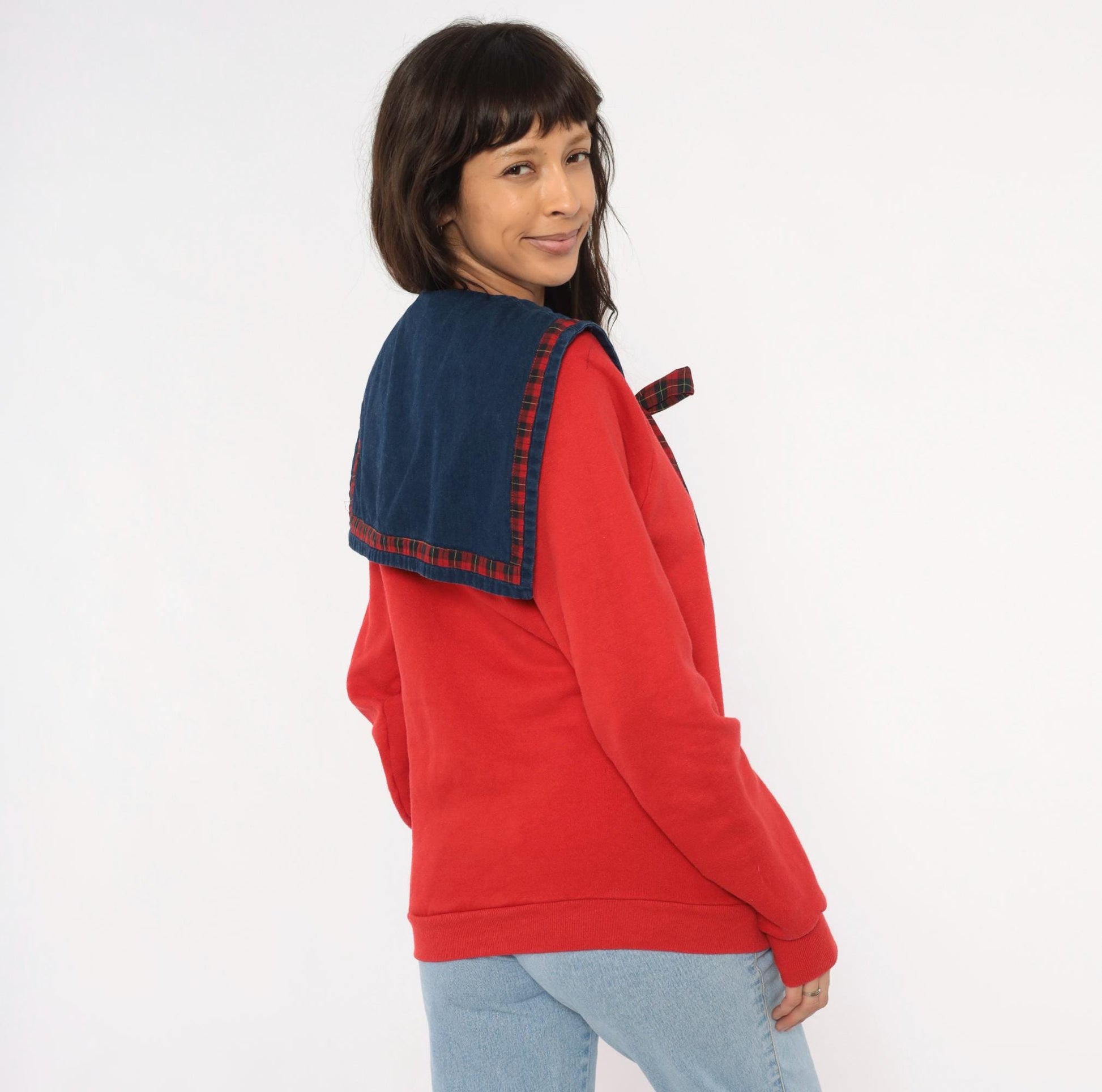 90s Jerzees Sailor Collar Sweatshirt Red Plaid Bow Denim Bib Medium M