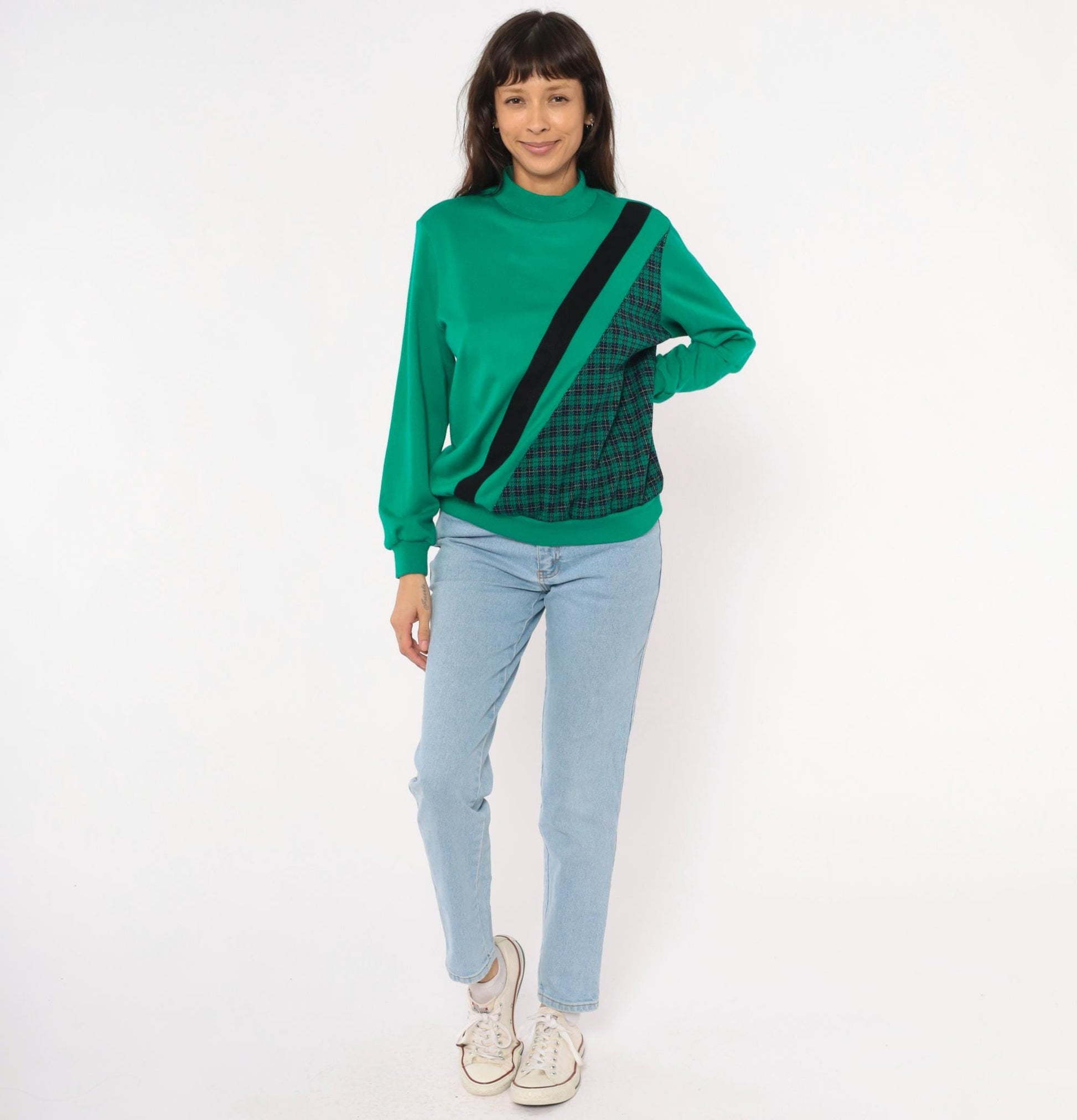 80s Alfred Dunner Mock Neck Sweatshirt Green Houndstooth Plaid Panel Small