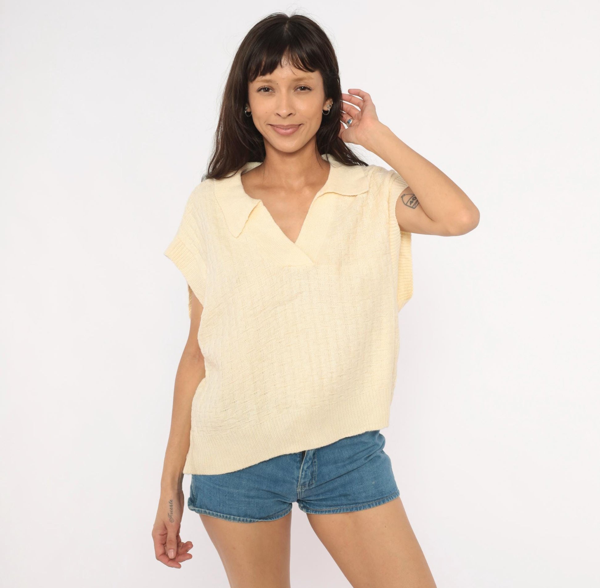 70s Cream Knit Polo Sweater Cap Sleeve V-Neck Collared Pullover Extra Large XL
