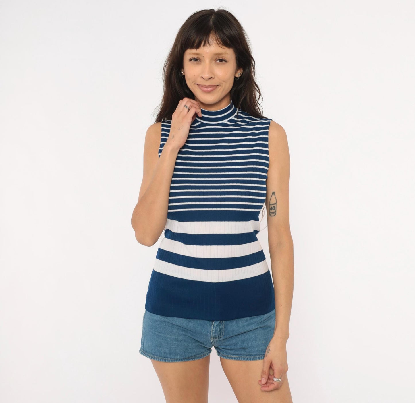 70s Navy White Striped Mock Neck Tank Ribbed Knit Sleeveless Top Small
