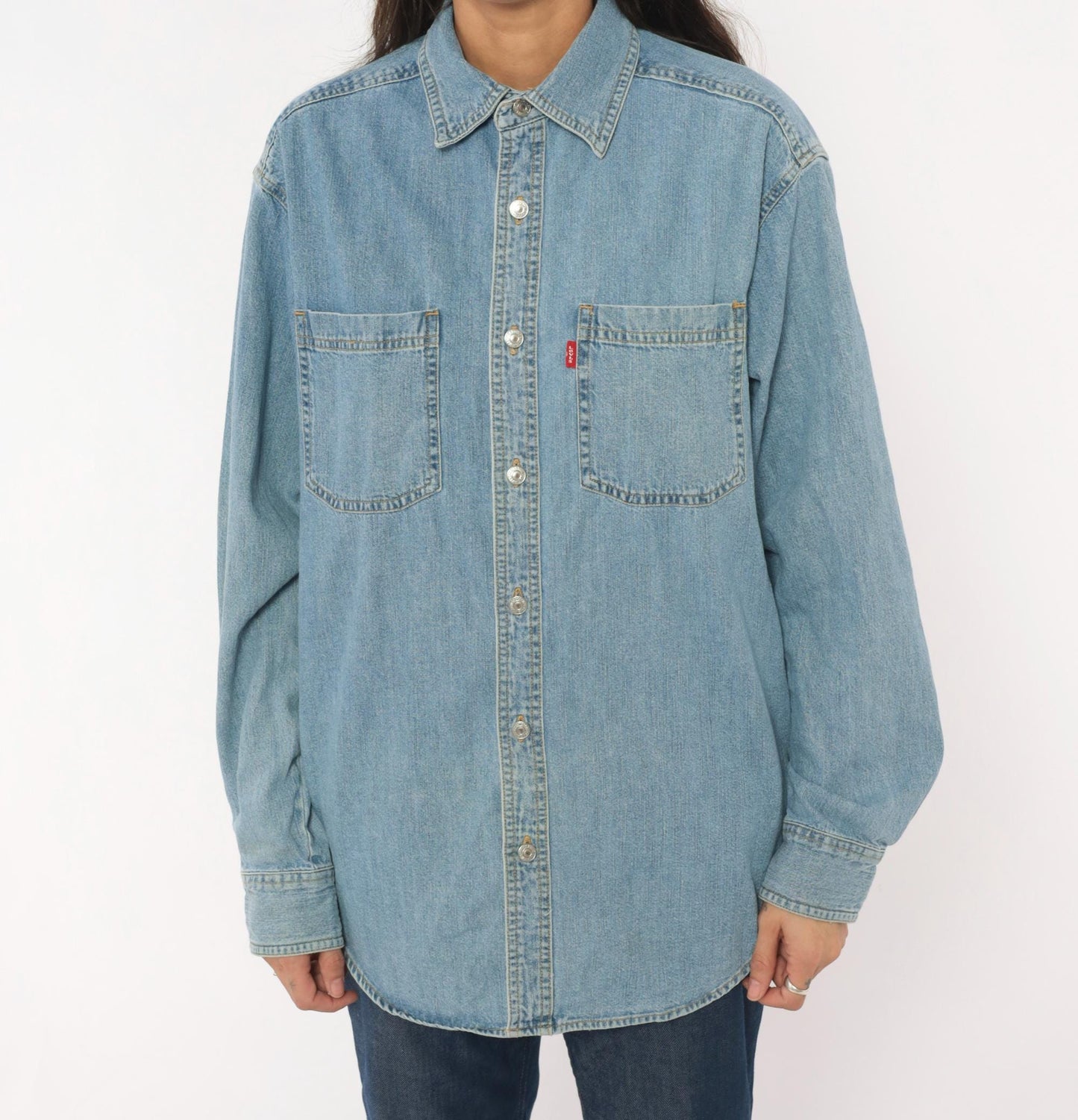 Levis Light Wash Denim Shirt Cotton Snap Button Small S