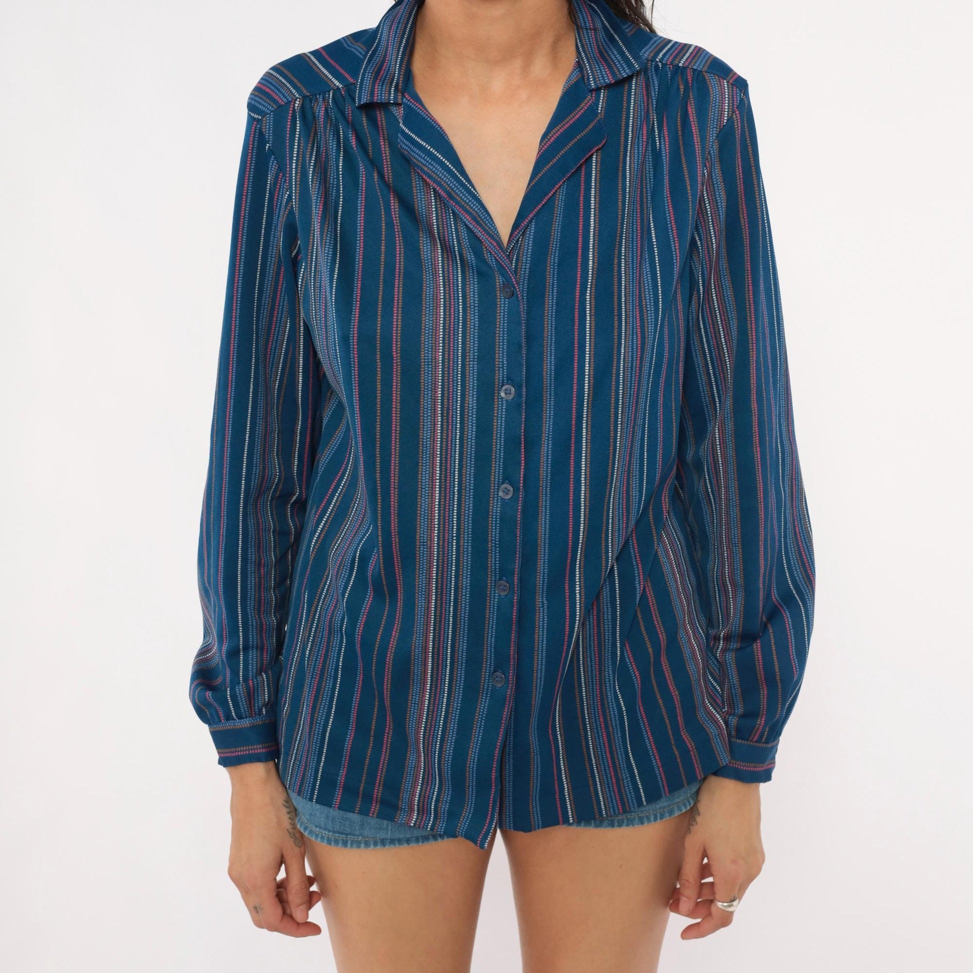 70s Sears Striped Button-Front Blouse Cobalt Blue Pink Pinstripe Medium