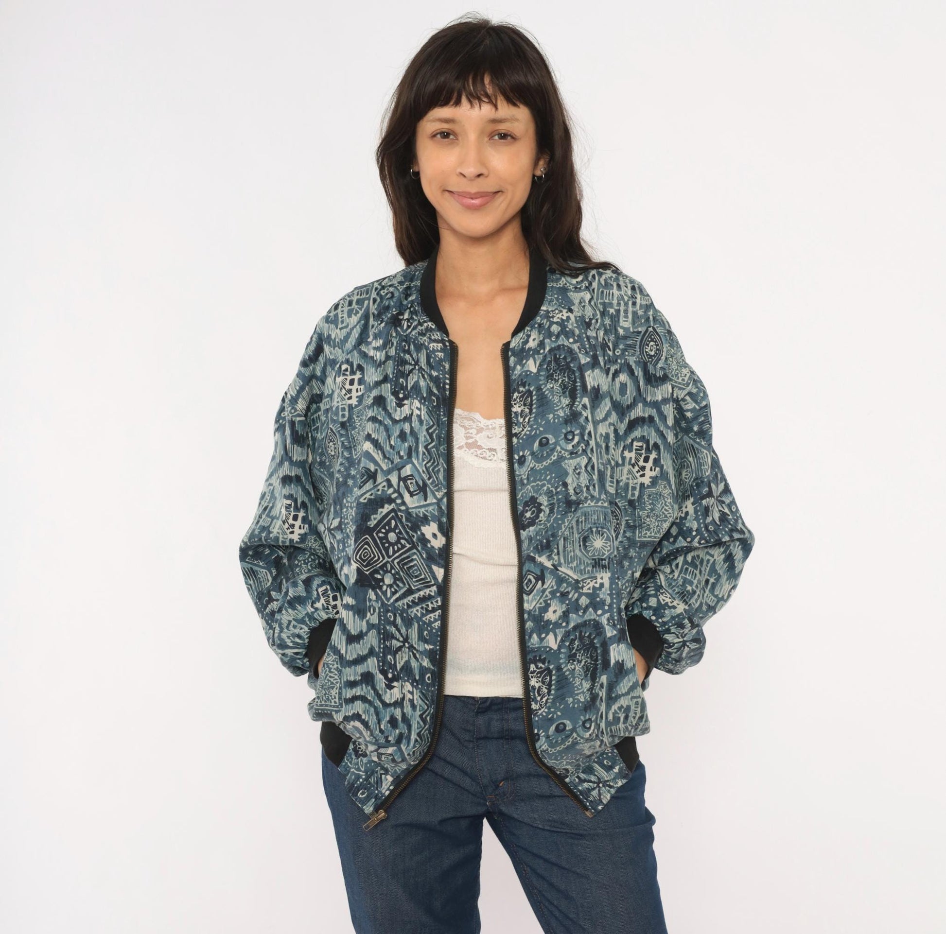 90s Silk Bomber Jacket Abstract Tribal Print Blue Grey Unisex Small