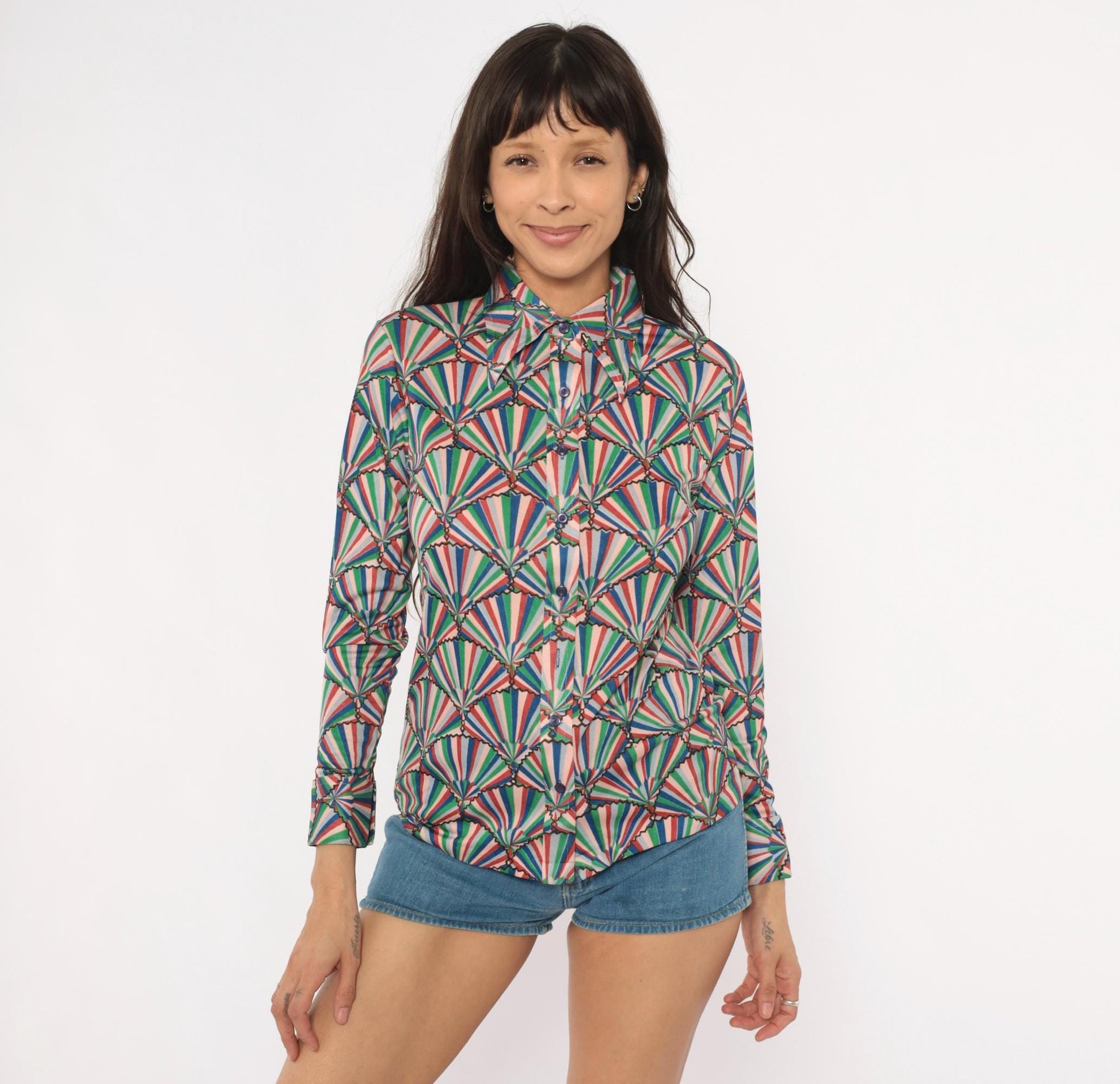 70s Helen Sue Fan Print Shirt Geometric Button Front Pointed Collar Small
