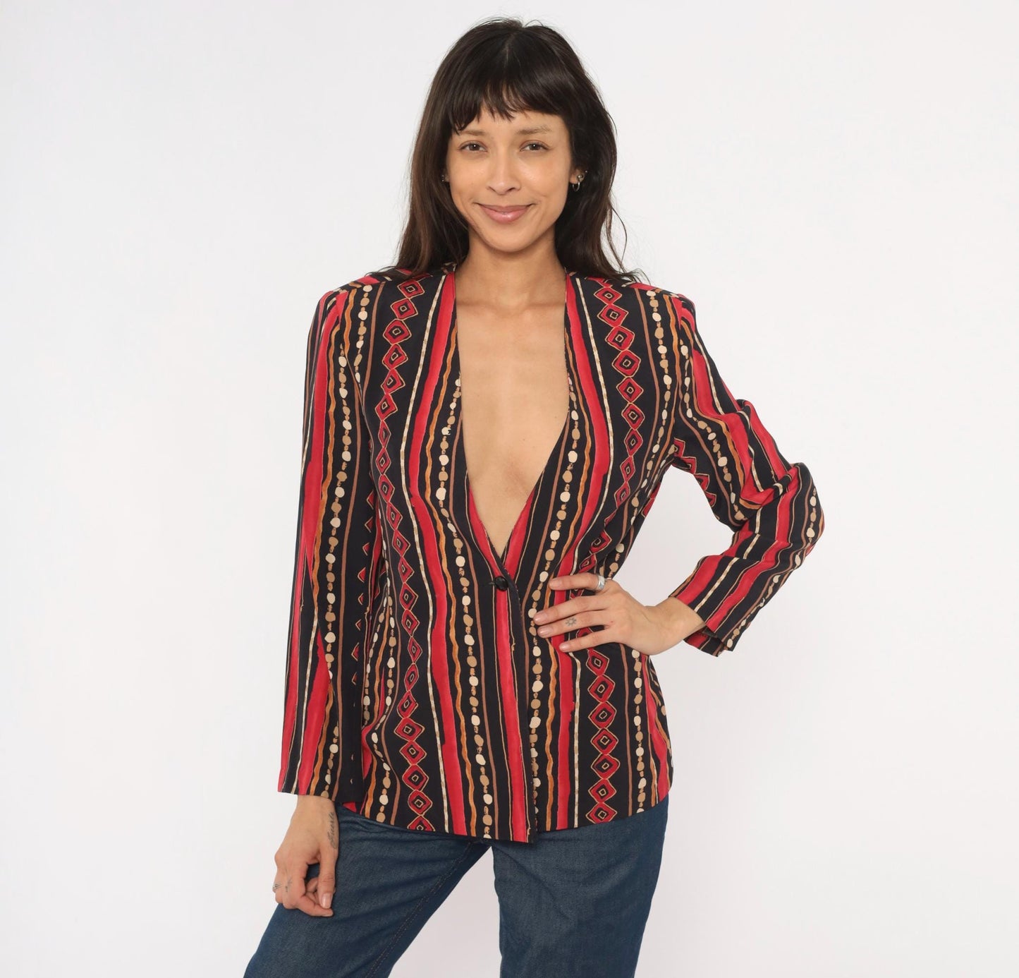 90s Southern Lady Tribal Stripe Blazer Collarless Geometric Black Small