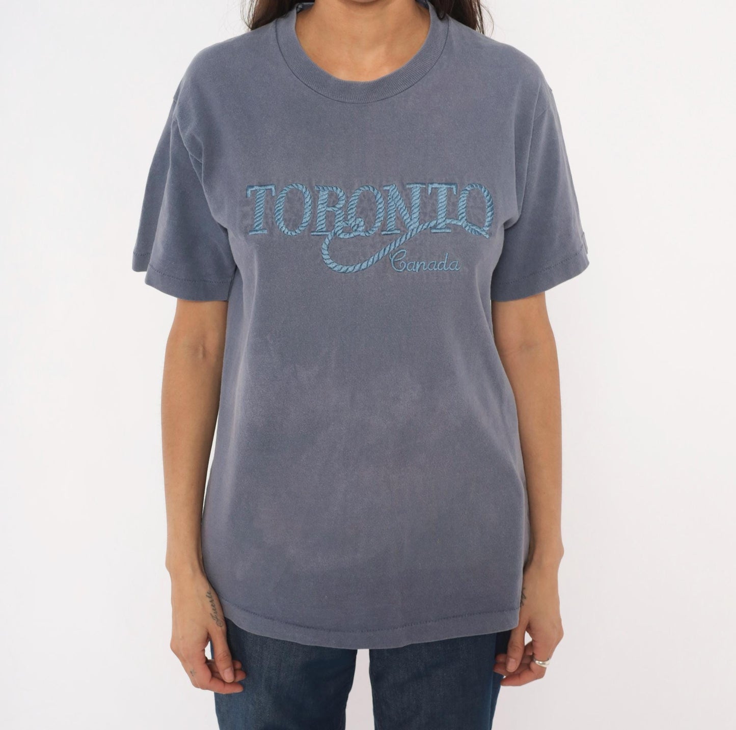 90s Toronto Canada Embroidered Tee Fruit of the Loom Slate Blue Grey Medium