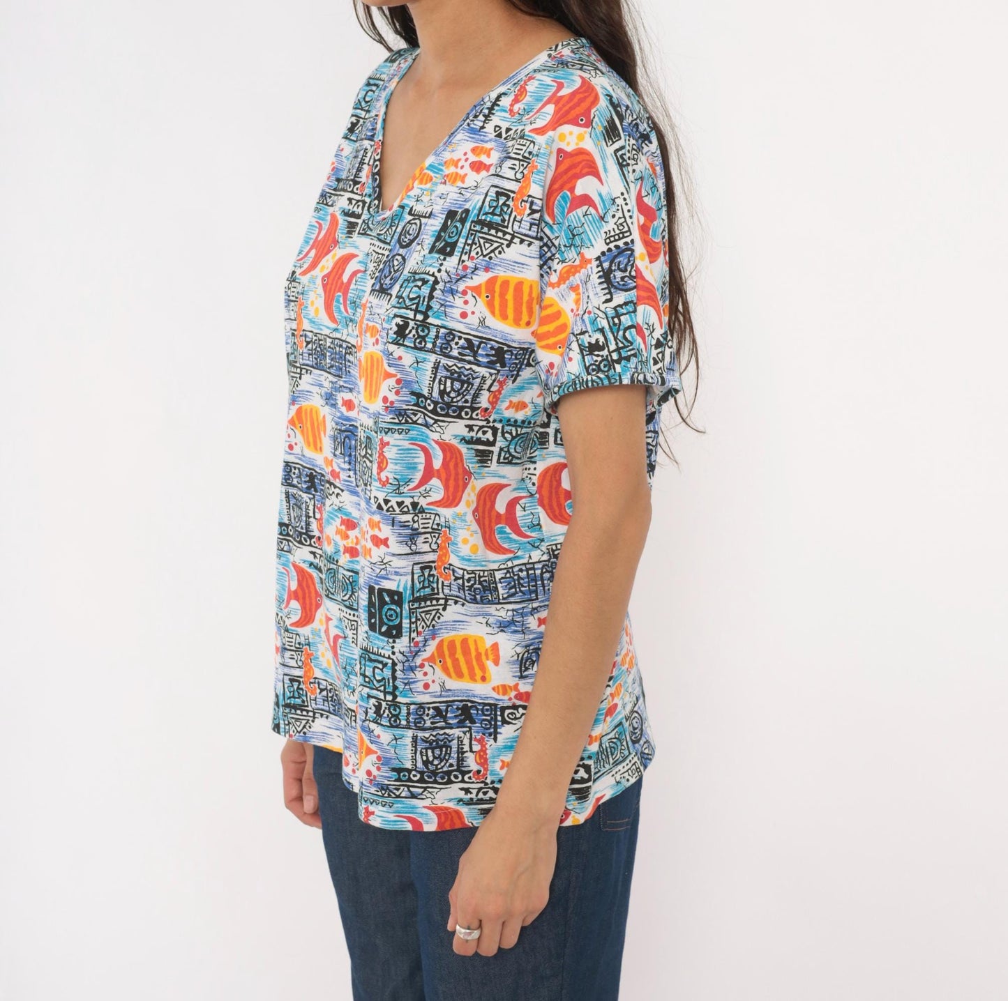 90s Barnett Tropical Fish Print Cotton Tee V-Neck Angelfish Seahorse Blue Orange Large L