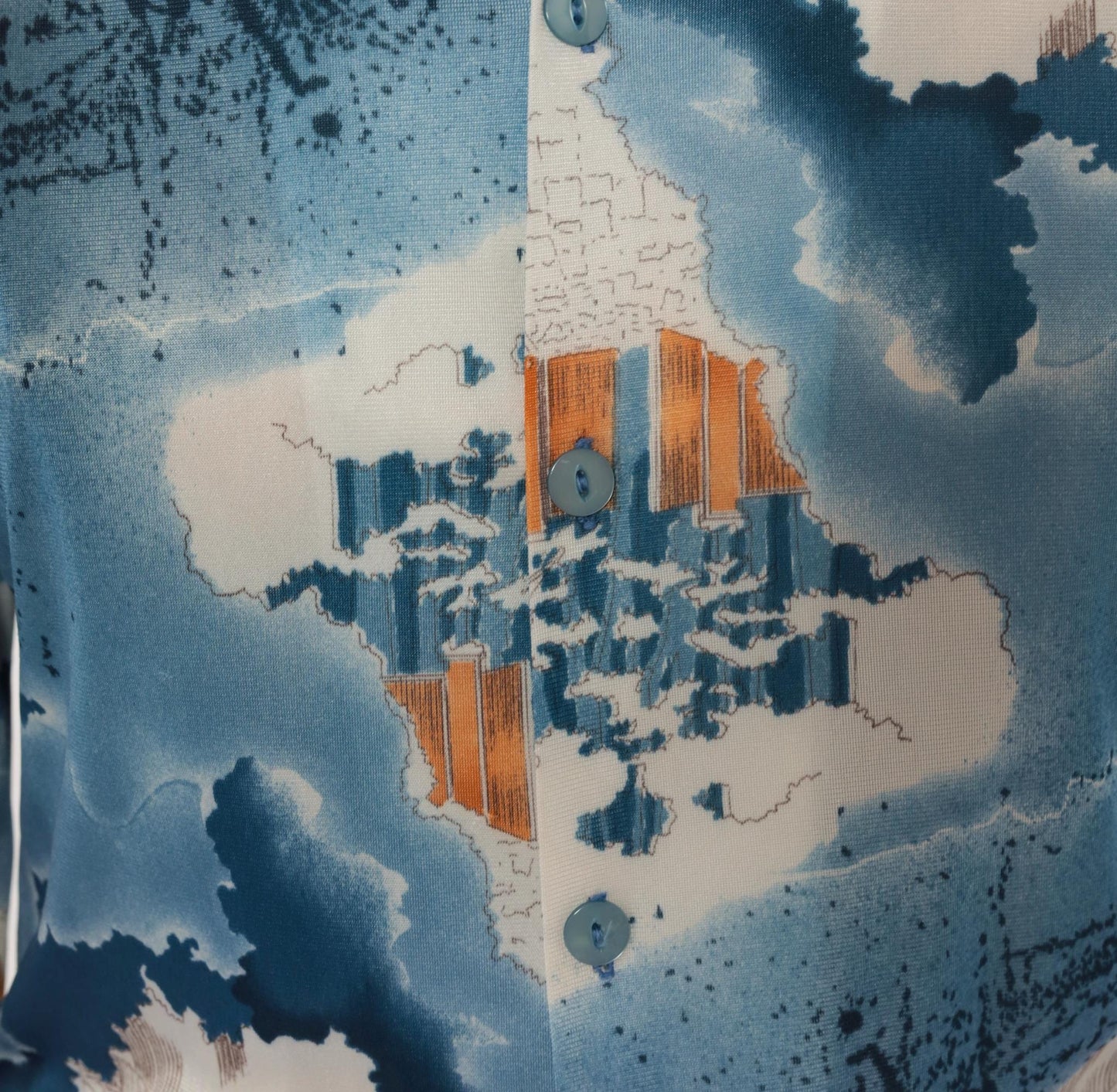 70s Triumph of California Architectural Print Shirt Blue Pointed Collar Medium