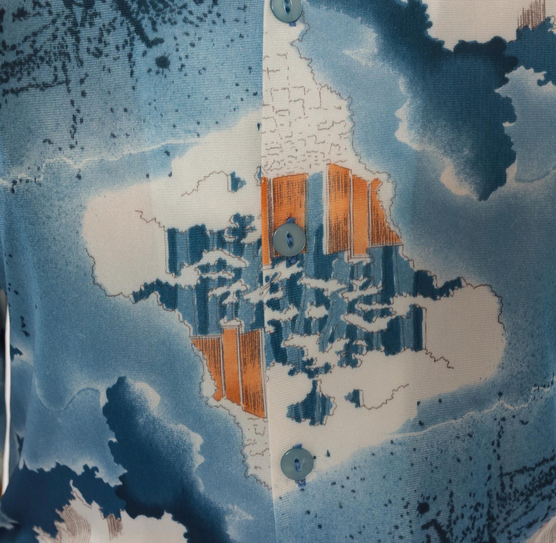 70s Triumph of California Architectural Print Shirt Blue Pointed Collar Medium
