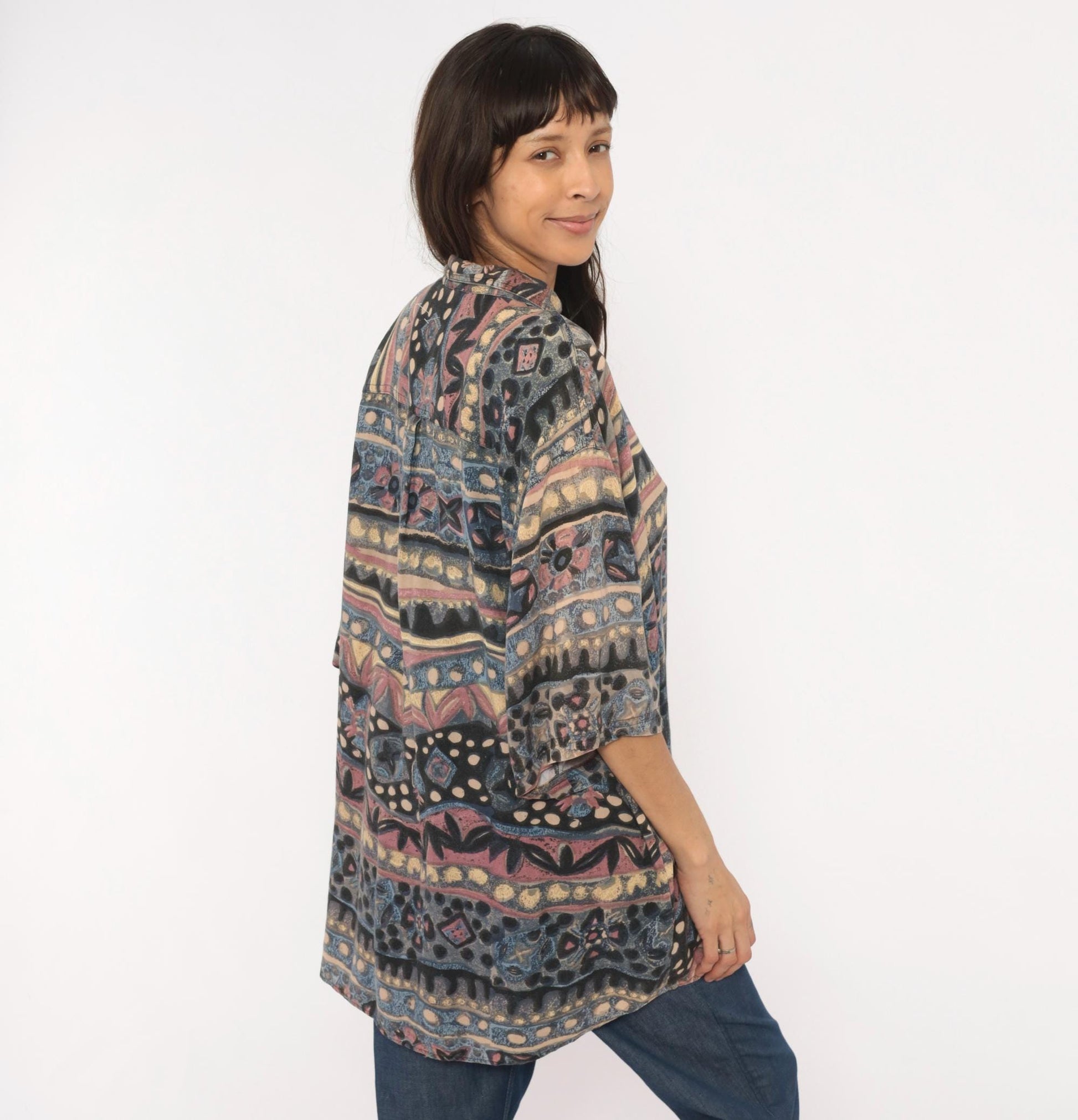 90s Hey Man Style Tribal Abstract Shirt Rayon Boxy Large L