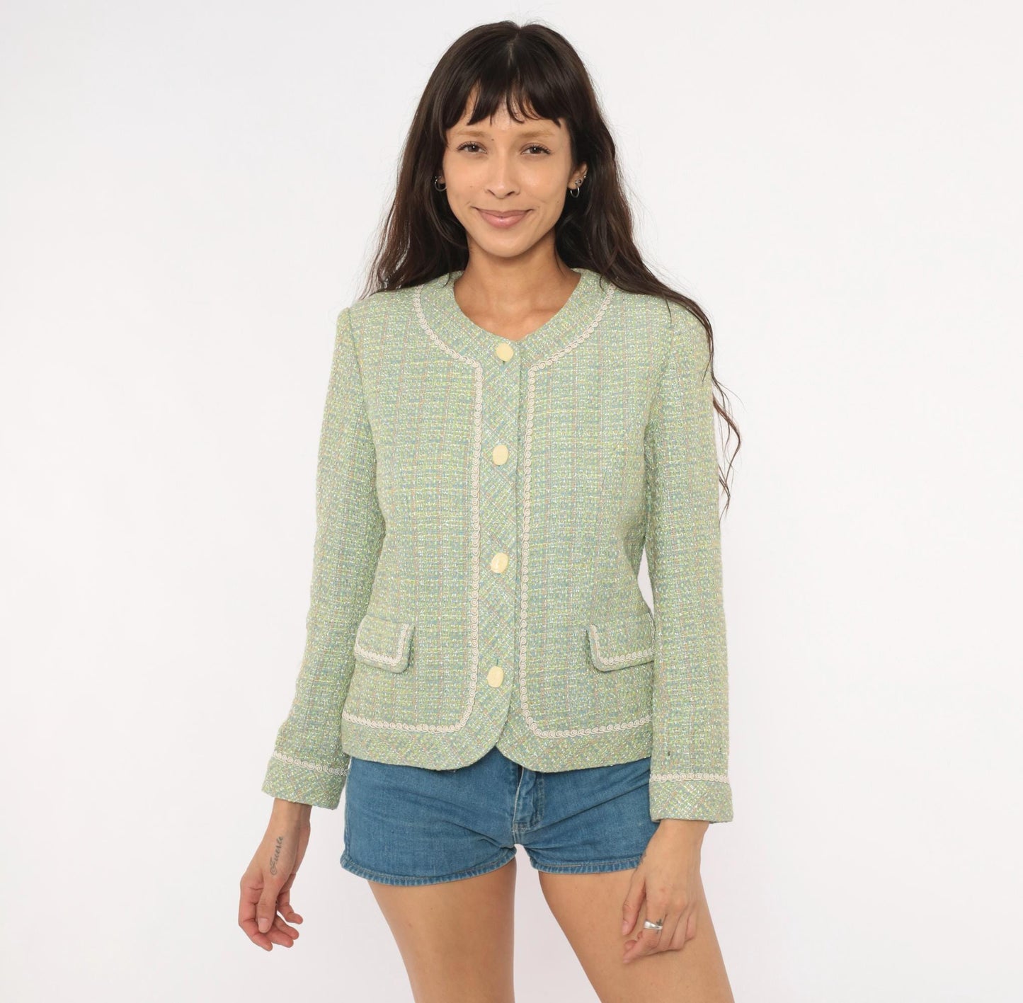 2000s Henry Lee Sage Tweed Blazer Collarless V-Neck Boucle Small S