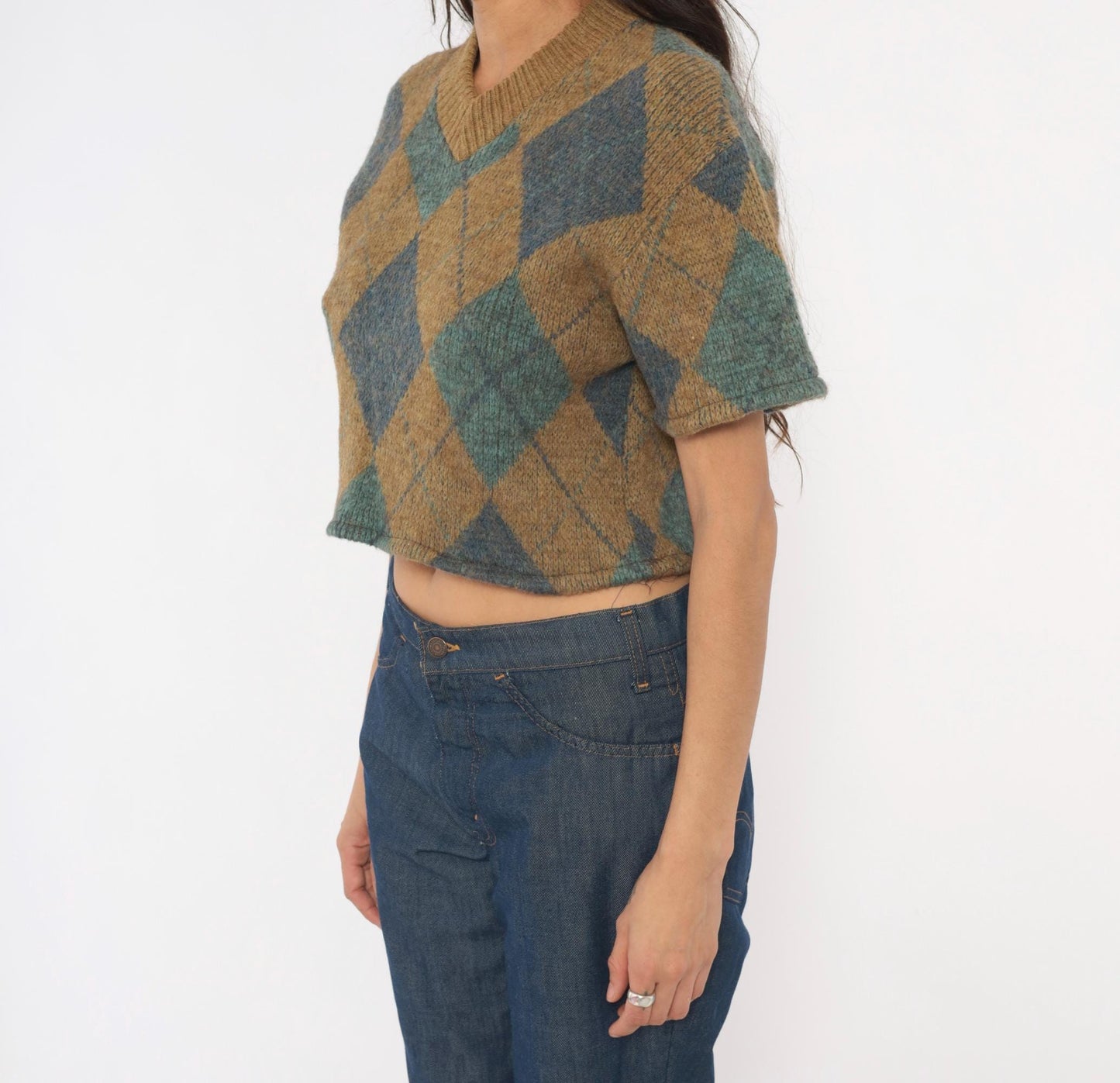 70s Brentwood Argyle Crop Sweater Wool V-Neck Tan Blue Small S
