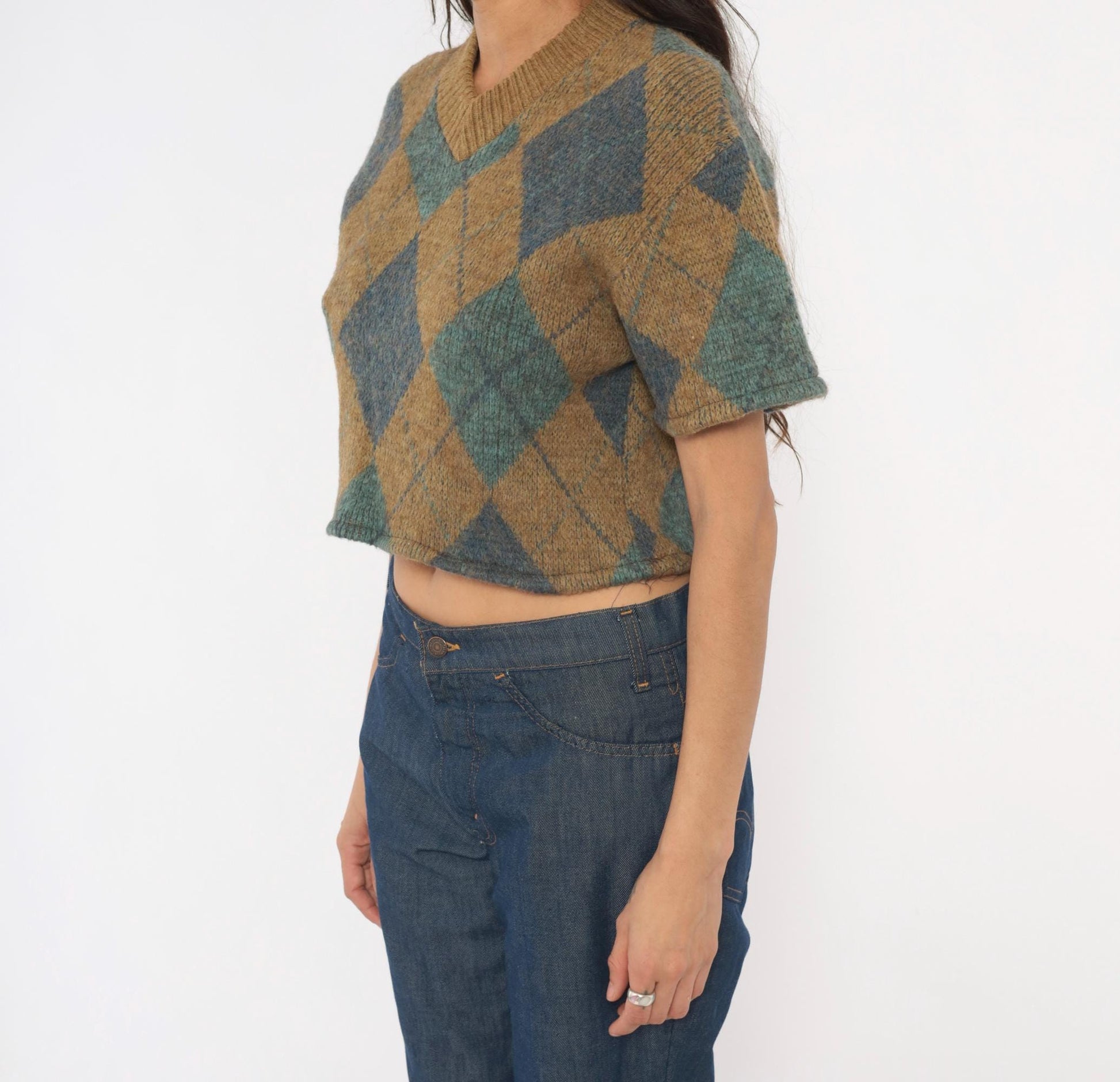 70s Brentwood Argyle Crop Sweater Wool V-Neck Tan Blue Small S
