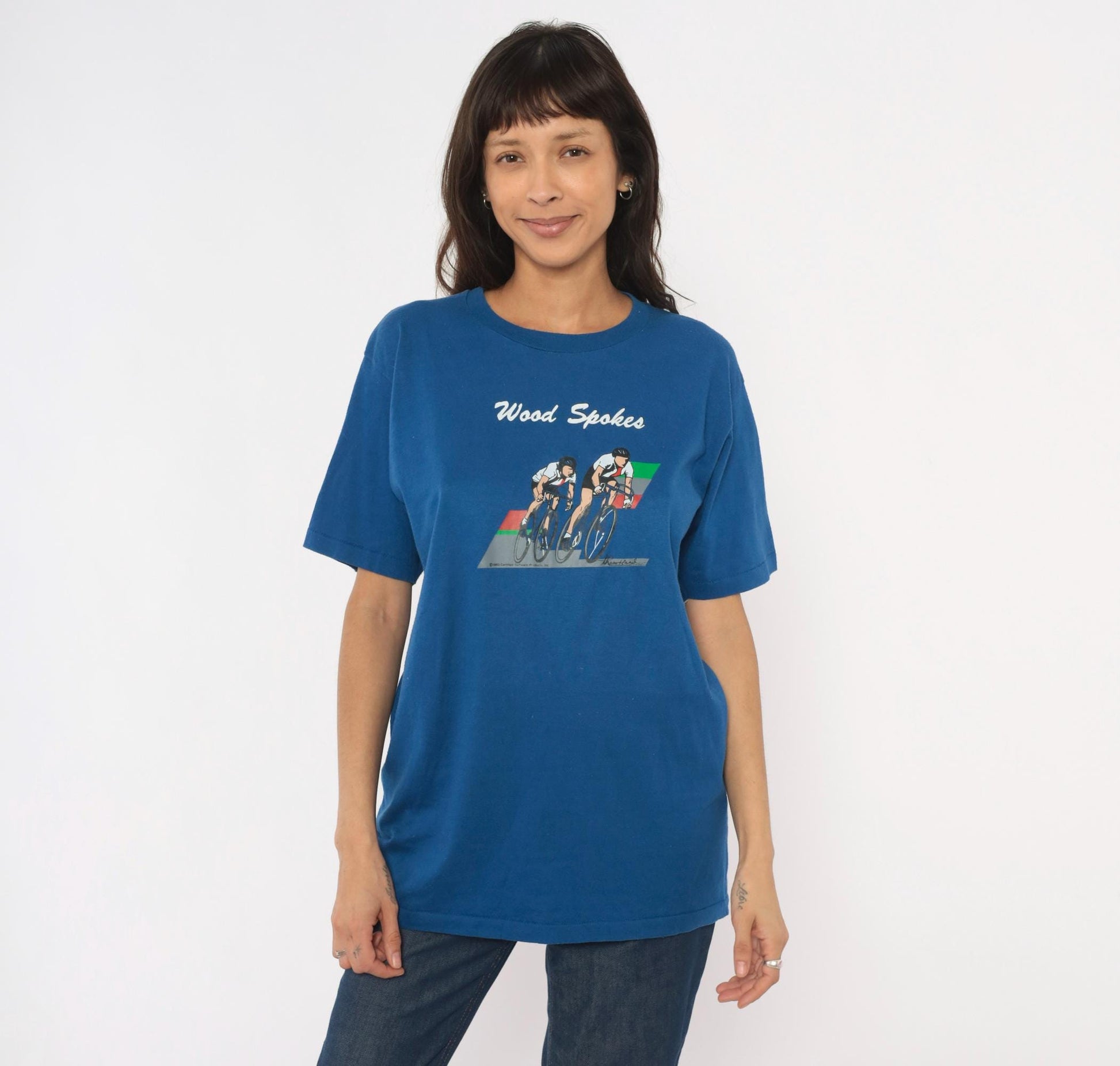 80s Jerzees Wood Spokes Cycling Graphic Tee Blue Crew Neck Large L