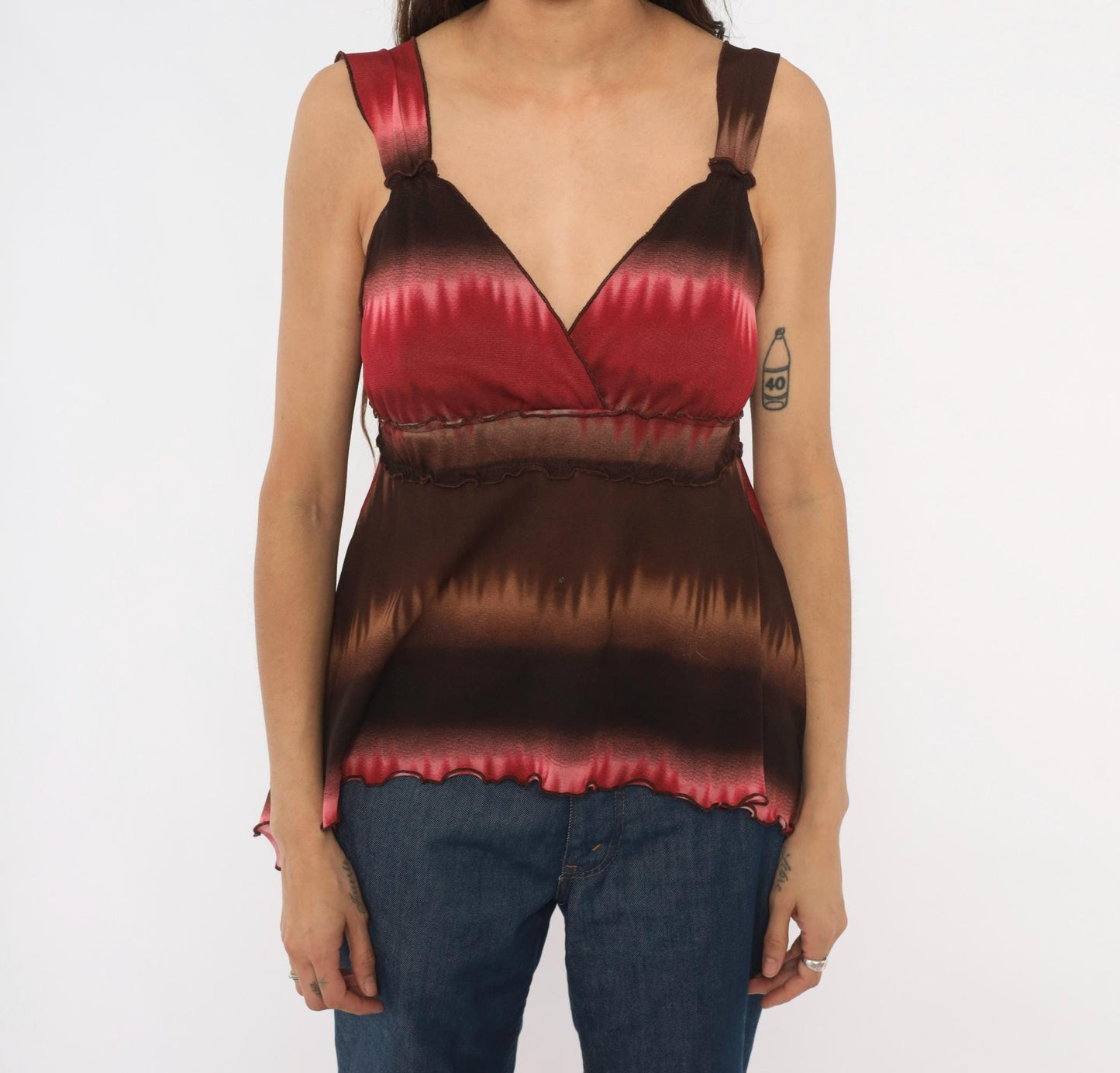 Y2K Ombre Cami Tank Brown Burgundy Gradient Wrap Bust V-Neck Medium Large