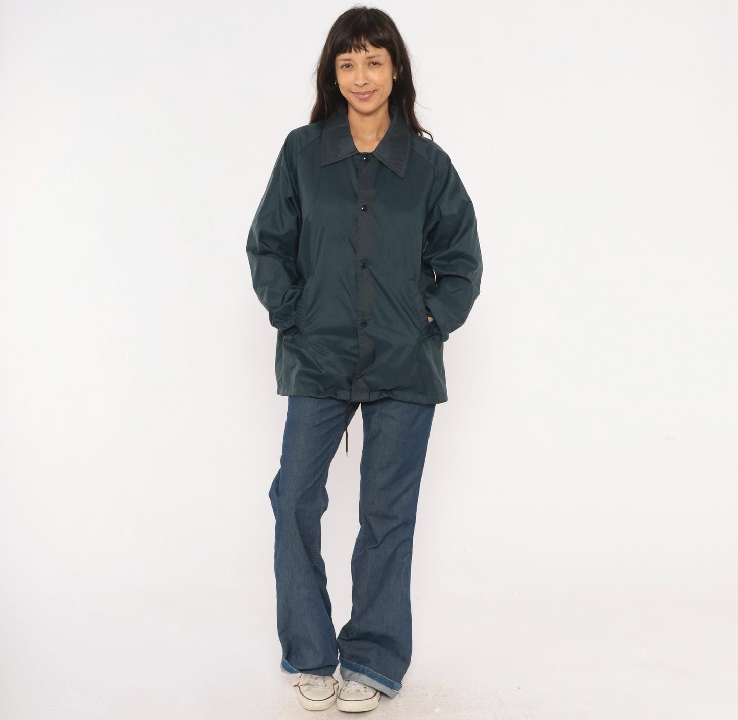 80s David Peyser Navy Coach Jacket Snap Front Windbreaker Nylon Large