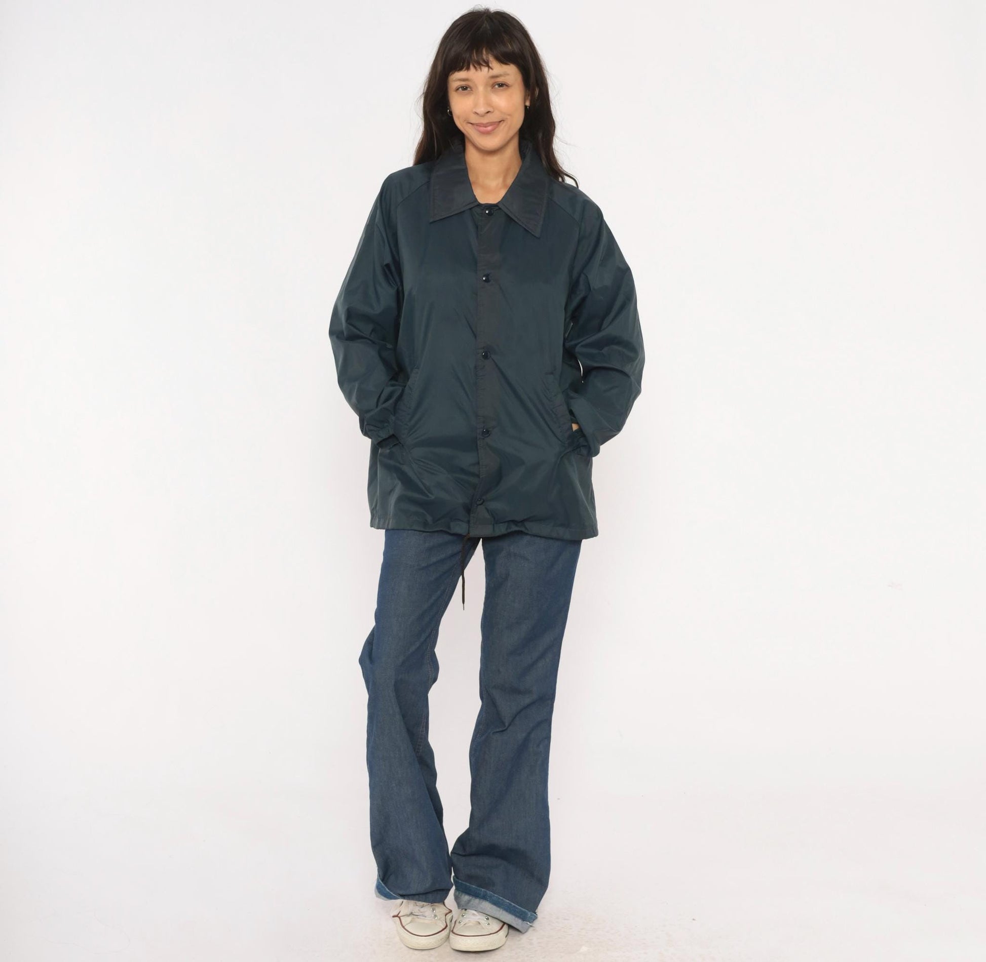80s David Peyser Navy Coach Jacket Snap Front Windbreaker Nylon Large