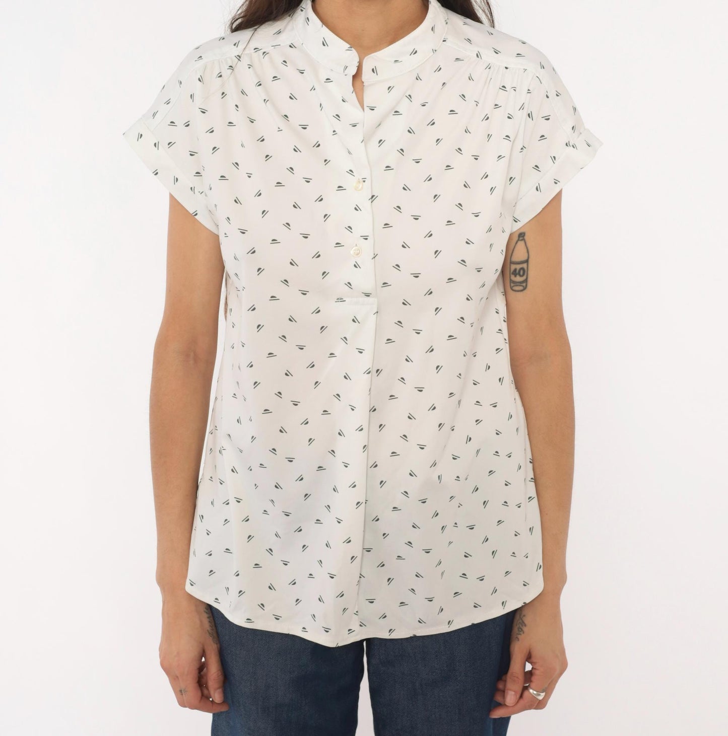 70s Mr. Fine Sailboat Print Blouse White Mandarin Collar Cap Sleeve Medium