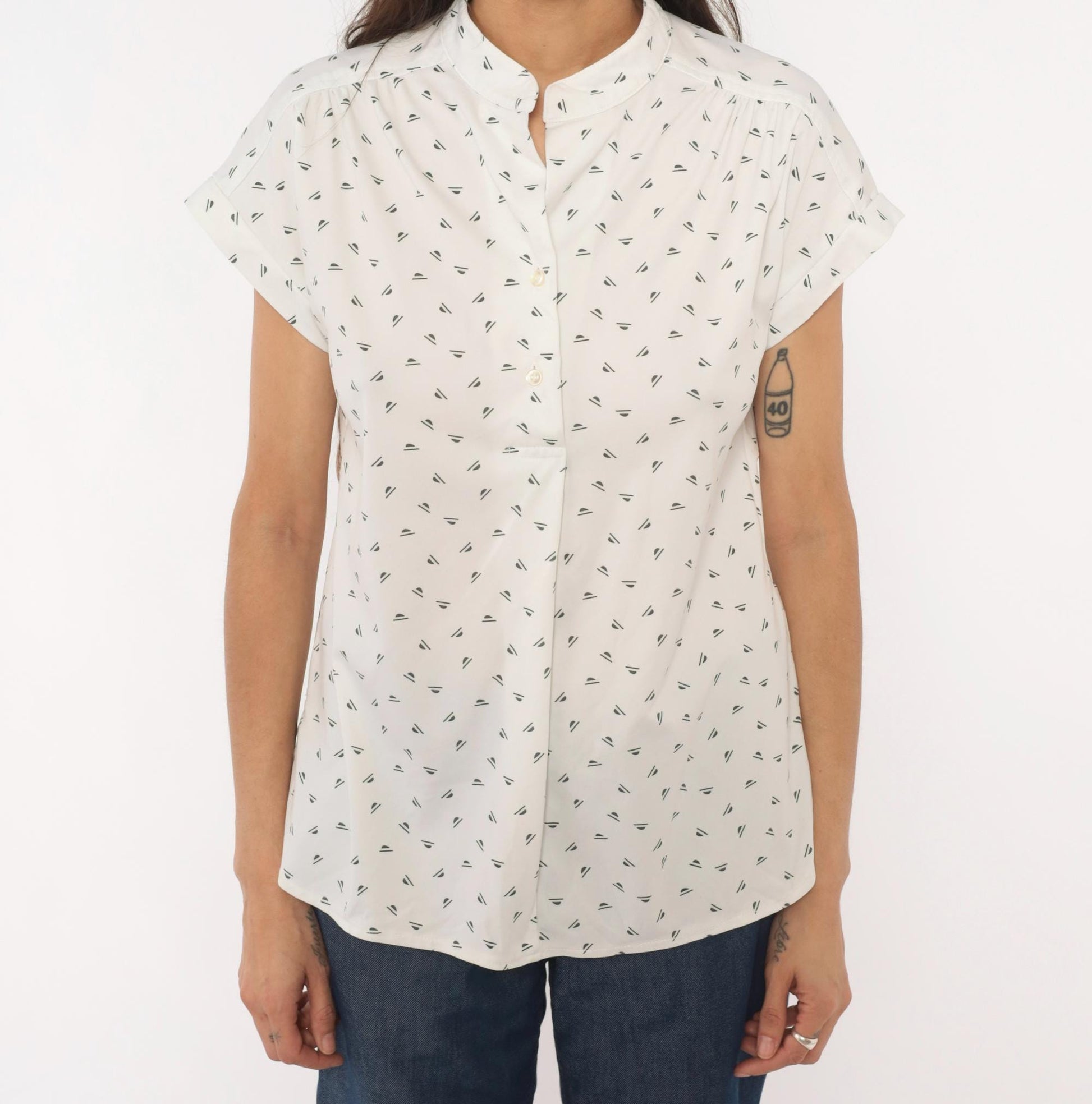 70s Mr. Fine Sailboat Print Blouse White Mandarin Collar Cap Sleeve Medium