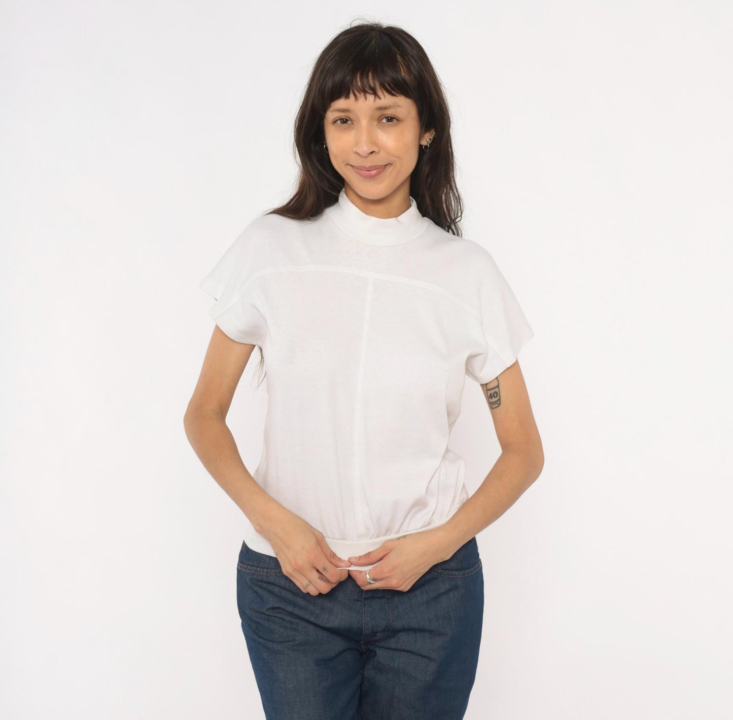 90s White Stag Mock Neck Short Sleeve Top Cream Cotton Pullover Small S