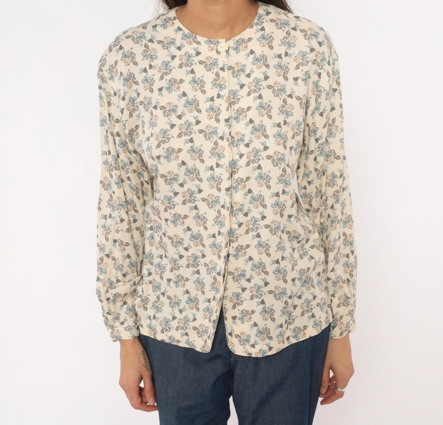 90s Josephine Chaus Floral Button Blouse Cream Puff Sleeve Collarless Medium M