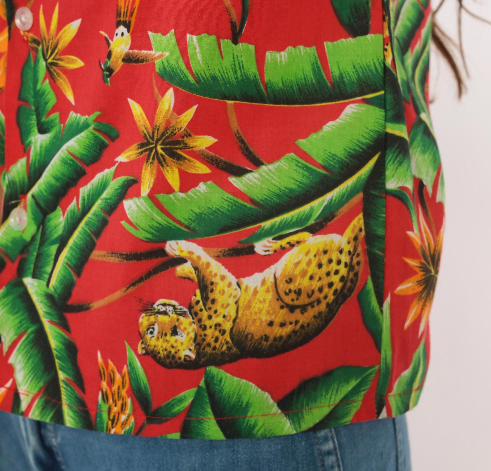 80s Jungle Leopard Hawaiian Shirt Red Tropical Cotton Rayon Camp Collar Extra Small XS