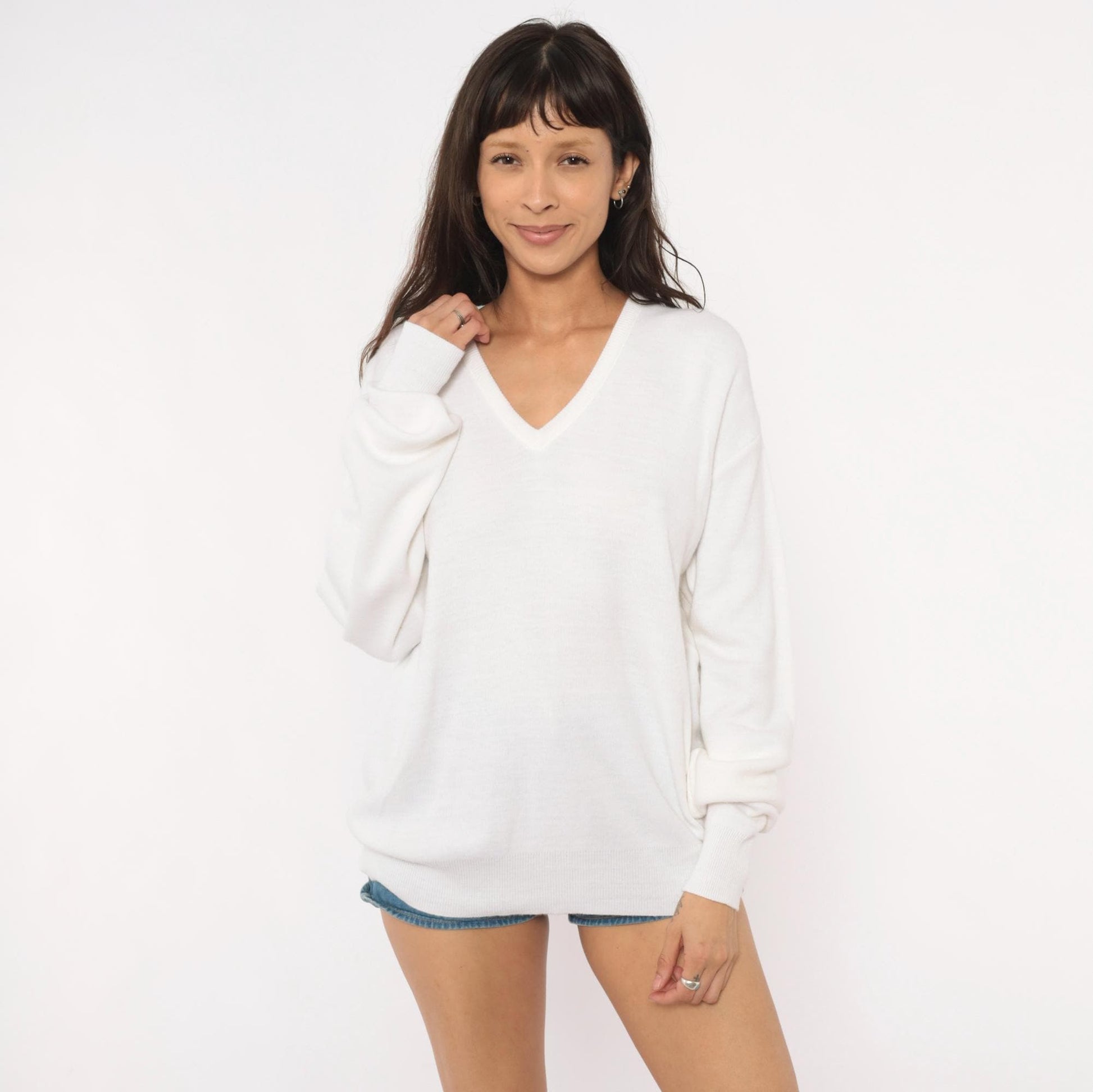 80s Jantzen V-Neck Pullover Sweater Ivory Knit Dropped Shoulder Extra Large