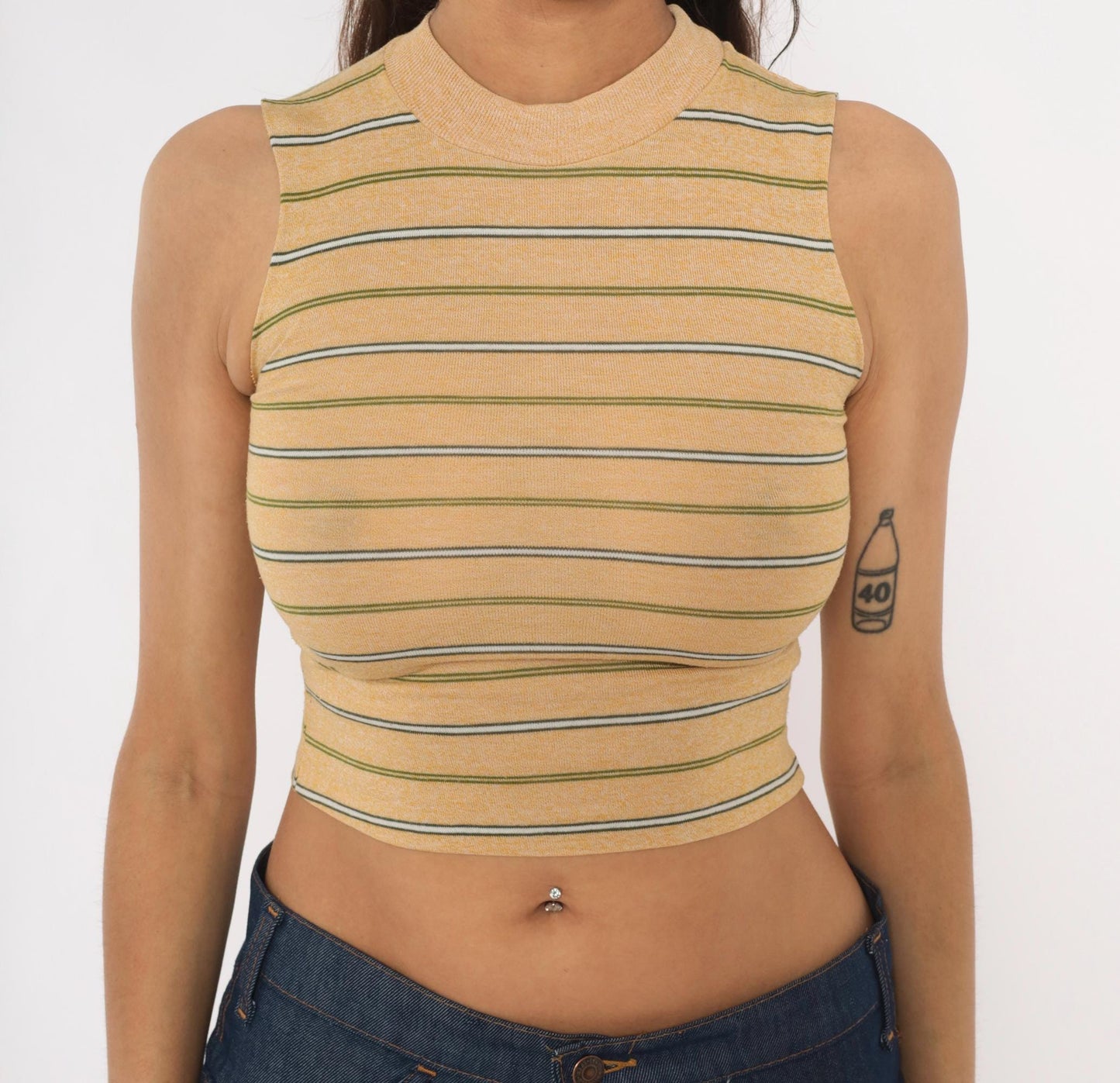 80s Towncraft Striped Mock Neck Crop Tank Tan Olive Extra Extra Small XXS