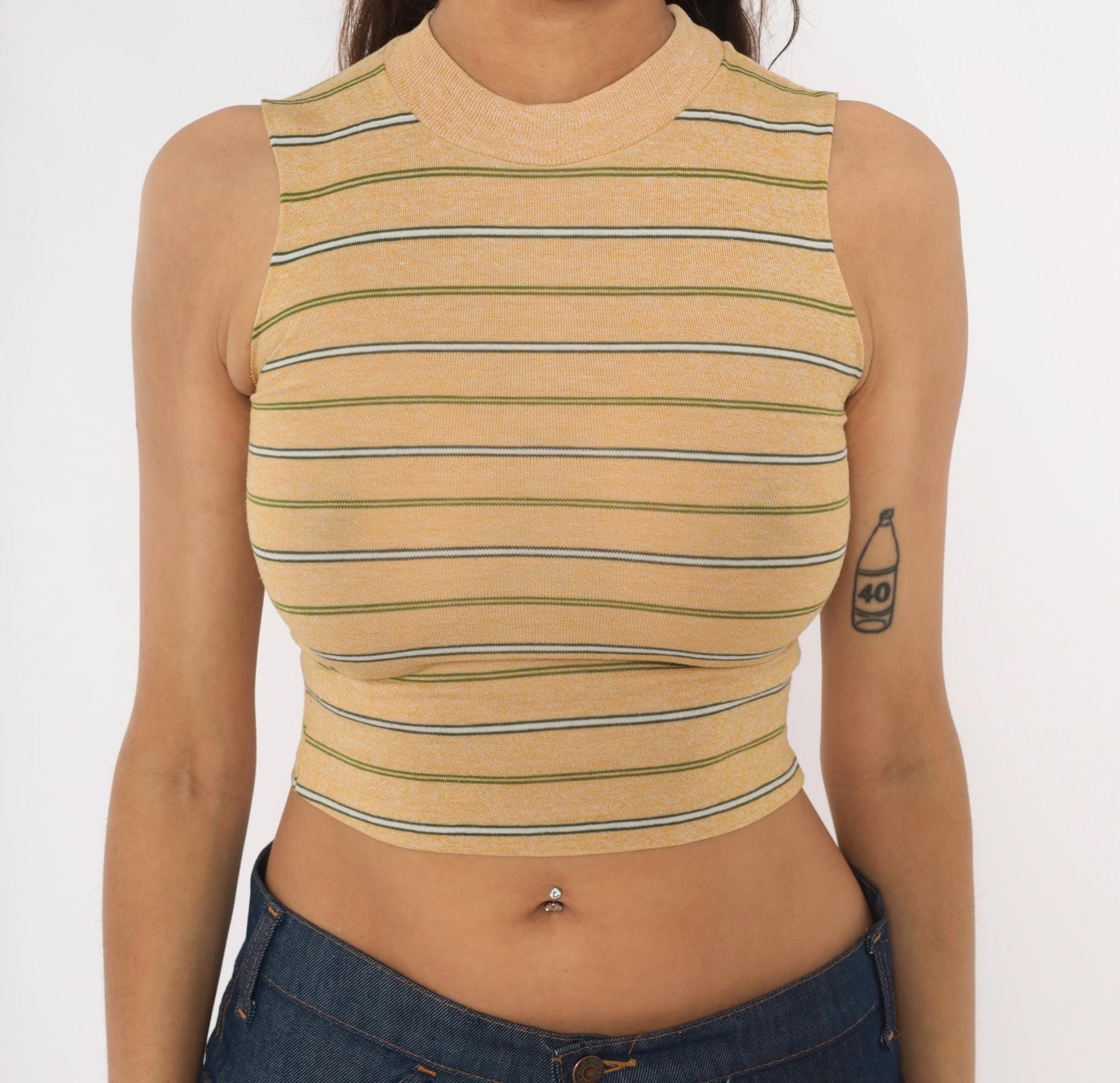 80s Towncraft Striped Mock Neck Crop Tank Tan Olive Extra Extra Small XXS