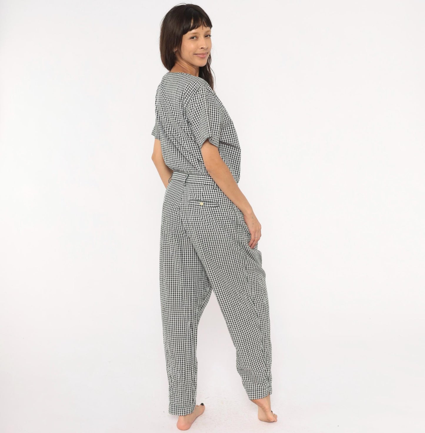90s Lizwear Black White Gingham Cotton Jumpsuit Tapered Leg Large L