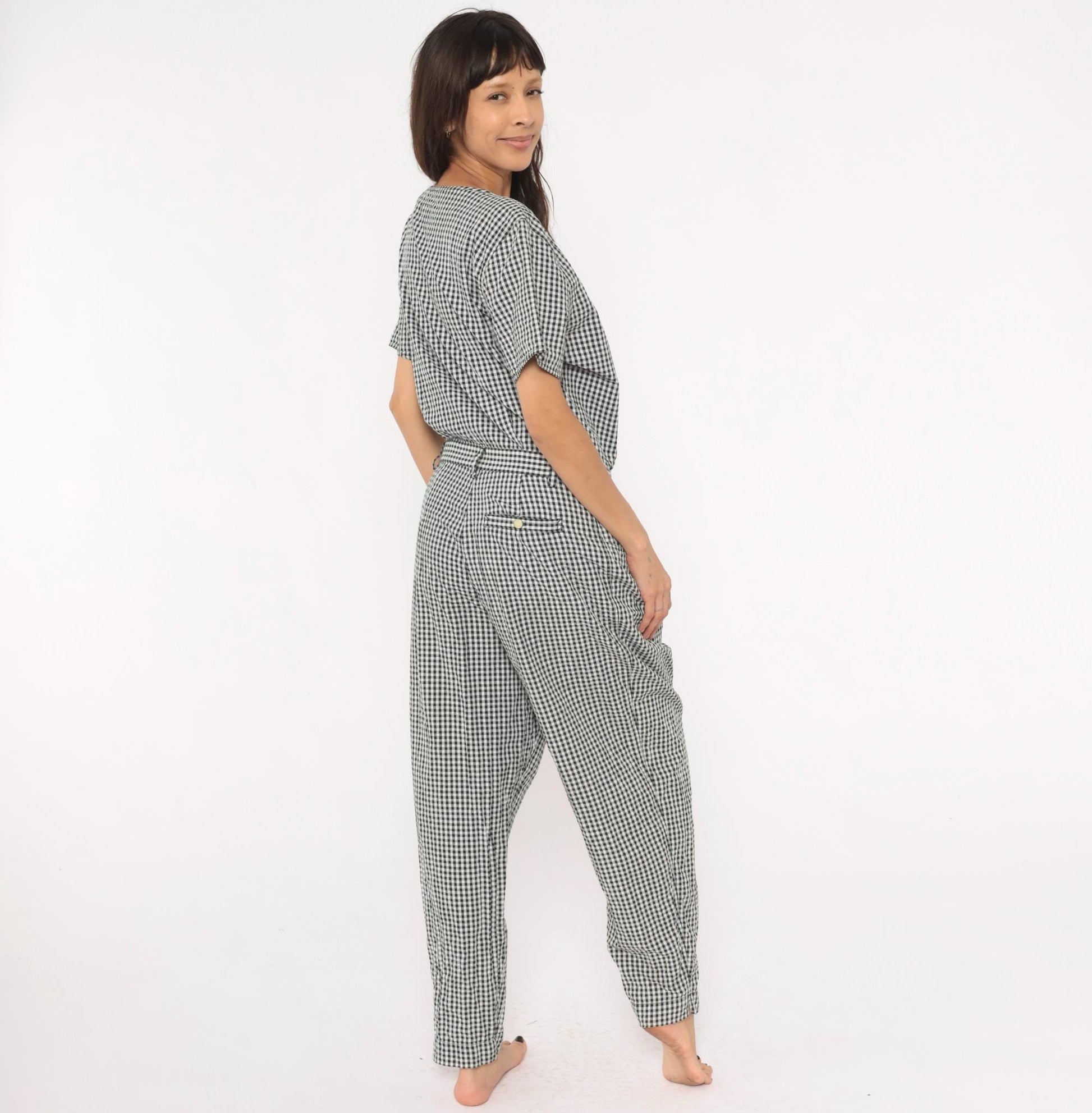90s Lizwear Black White Gingham Cotton Jumpsuit Tapered Leg Large L