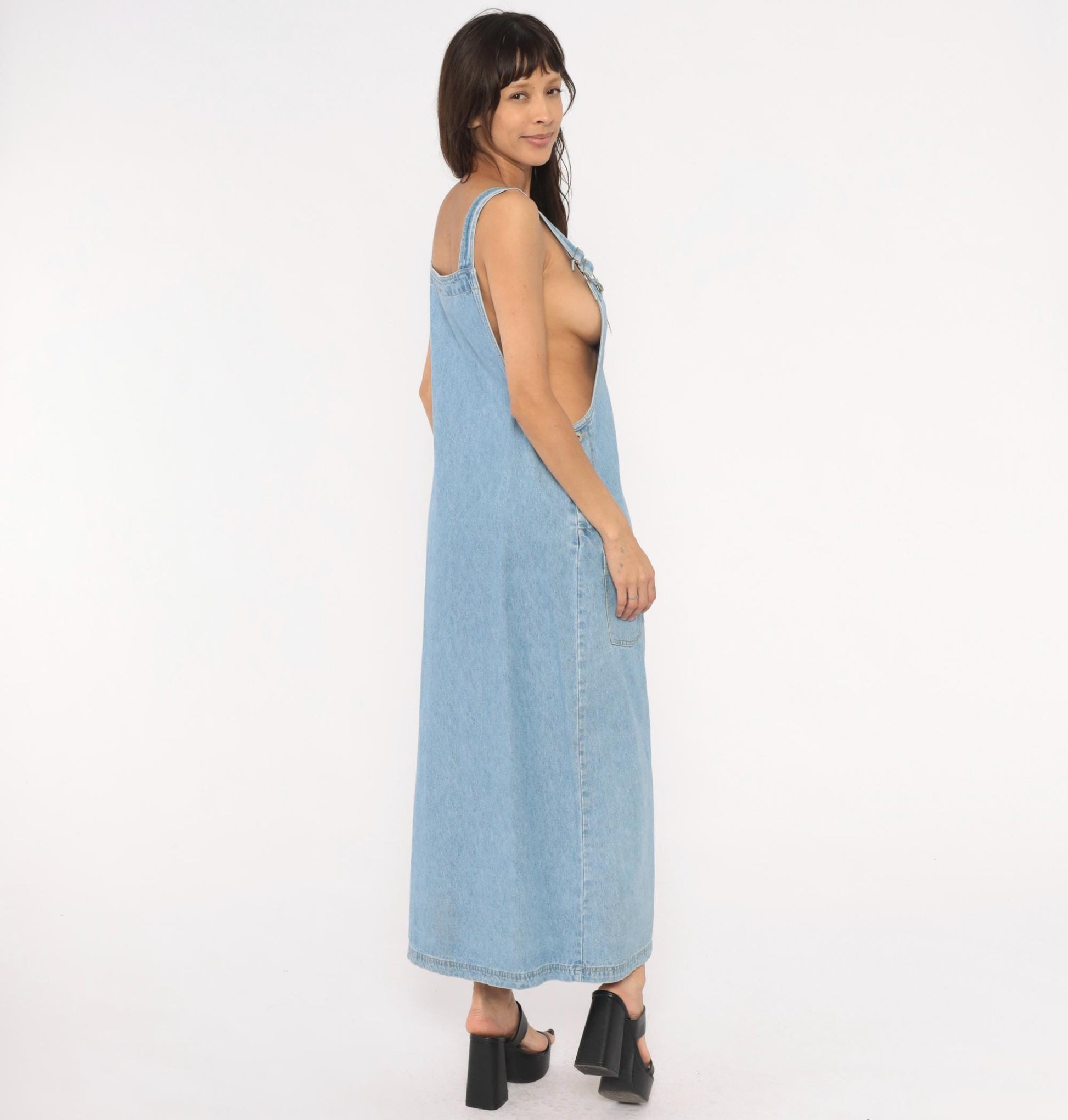 Y2K Faded Glory Light Blue Denim Overall Dress Maxi Length Medium M