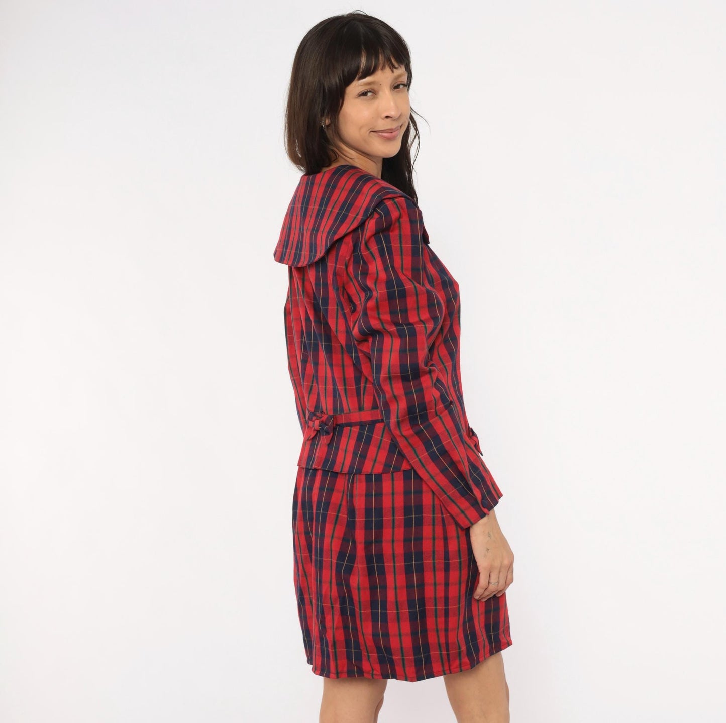 80s Sharon Young Plaid Shift Dress Red Navy Tartan Peter Pan Collar Large L